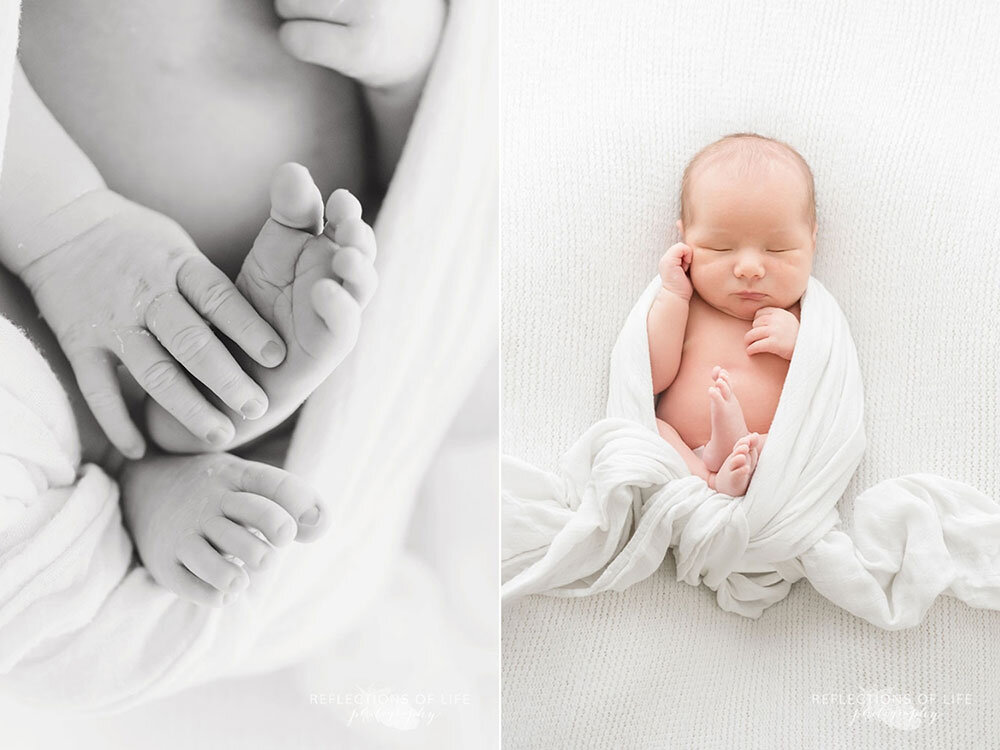 Newborn baby boy wrapped in white swaddle blanket Grimsby Ontario