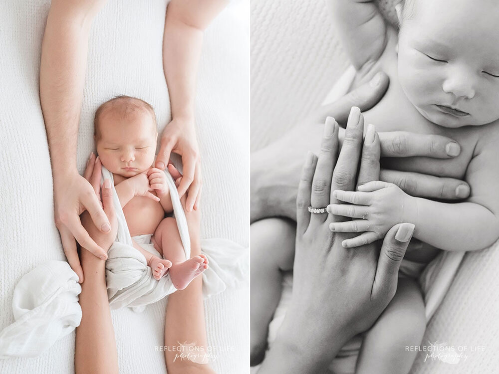 Newborn baby boy photography with parents hands in Niagara Photo Studio