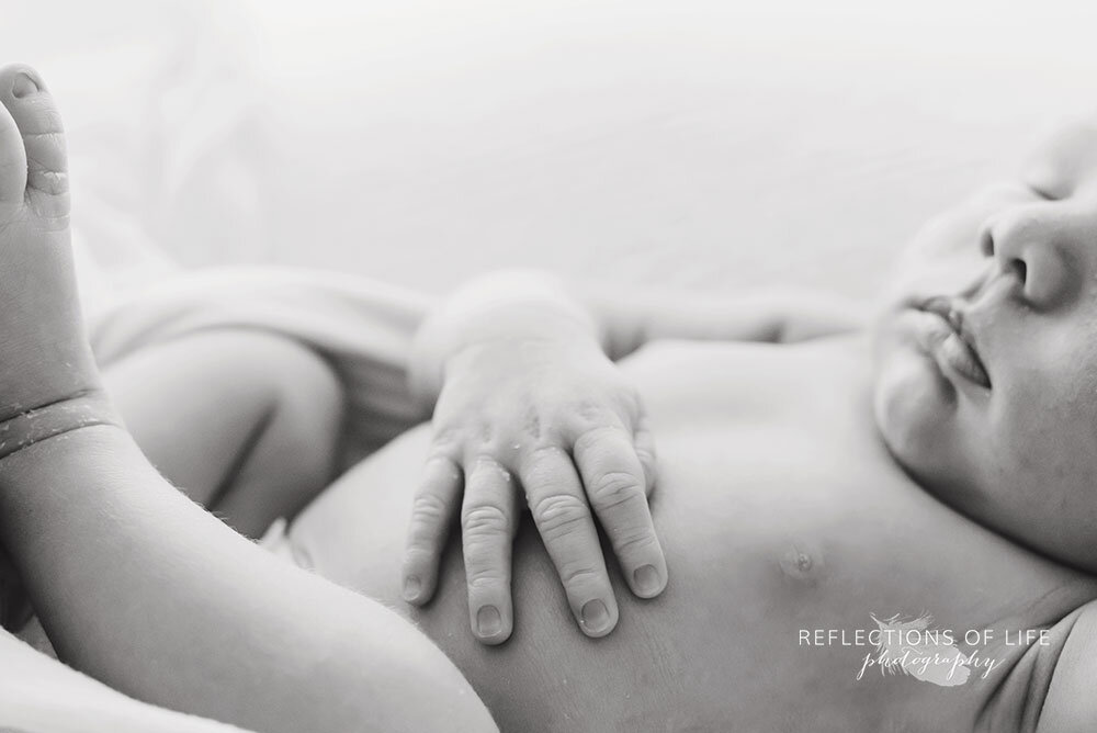 black and white images of newborn baby boy hands Niagara Region photography studio