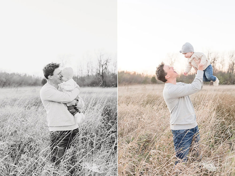 Dad holding little baby girl in the air during Grimsby Ontario family photoshoot