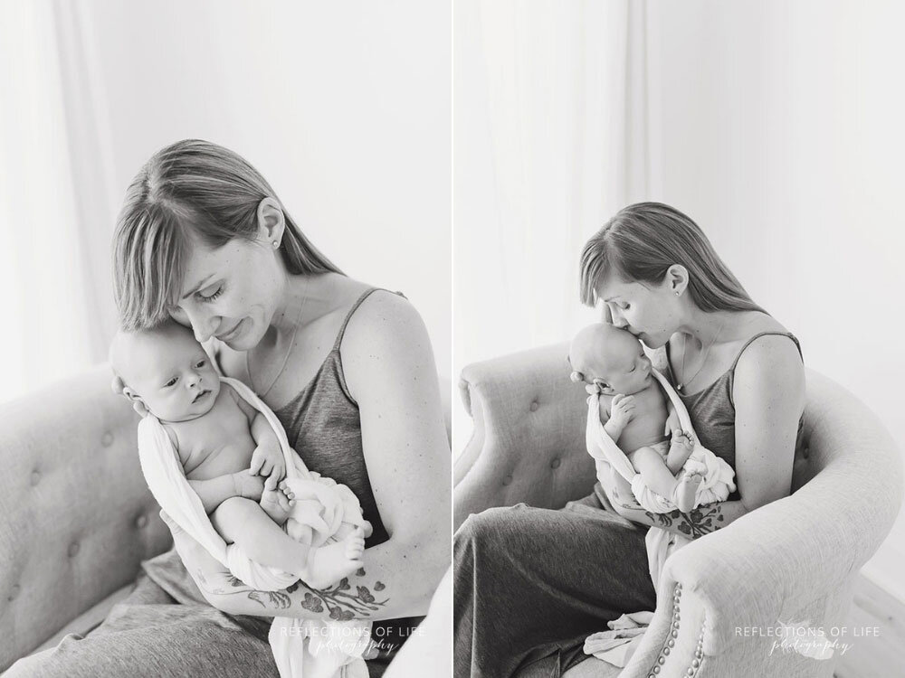Motherhood photography with beautiful mom and newborn baby boy Niagara Ontario