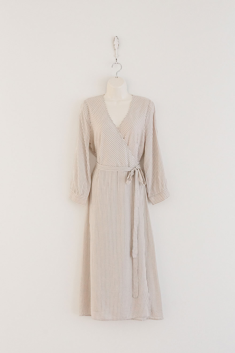 Cream with Gray Stripe Wrap Dress