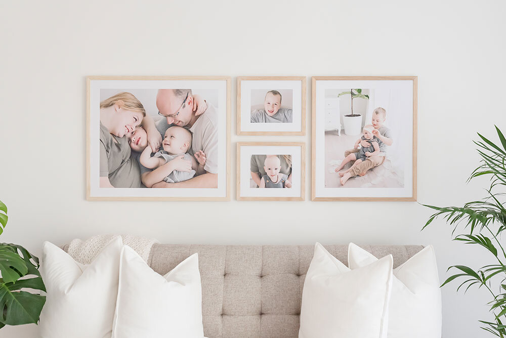 Niagara child and family photographer wall gallery in natural wood frames