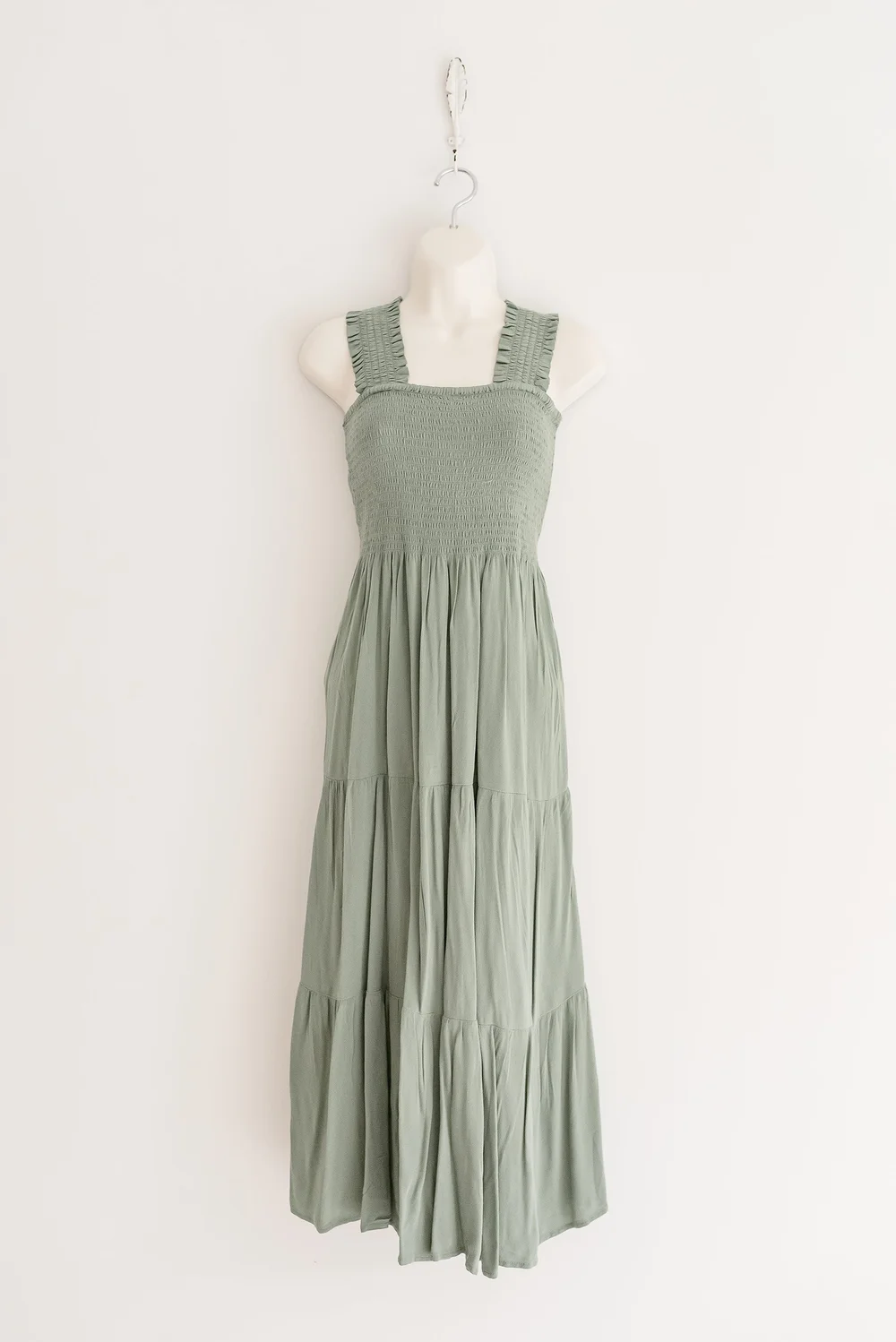Smocked Muted Green Midi Dress with Thick Straps - Reflections by Karen  Byker