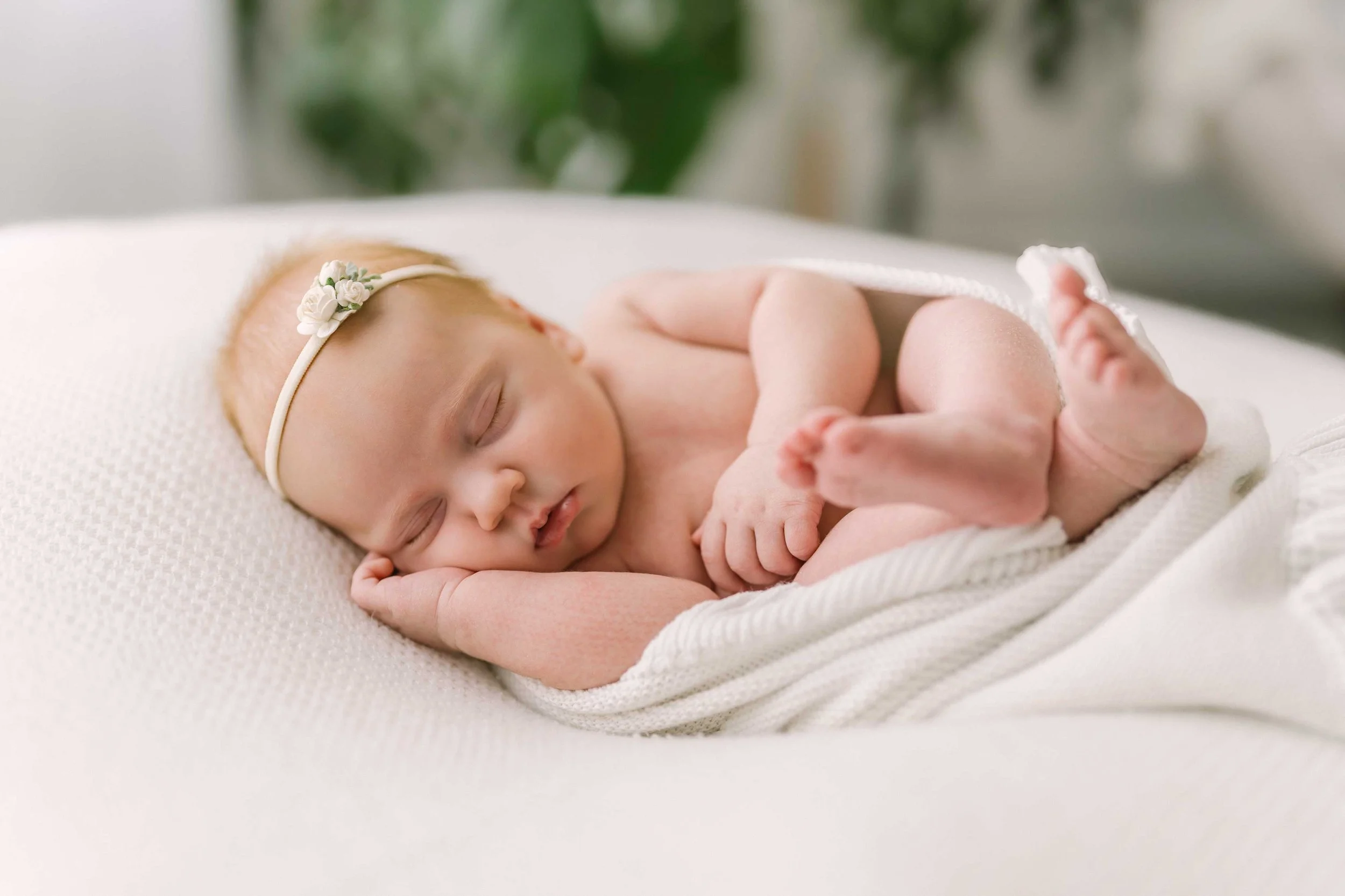 Full-body portrait of a tiny sleeping newborn baby girl during a Grimsby photography session