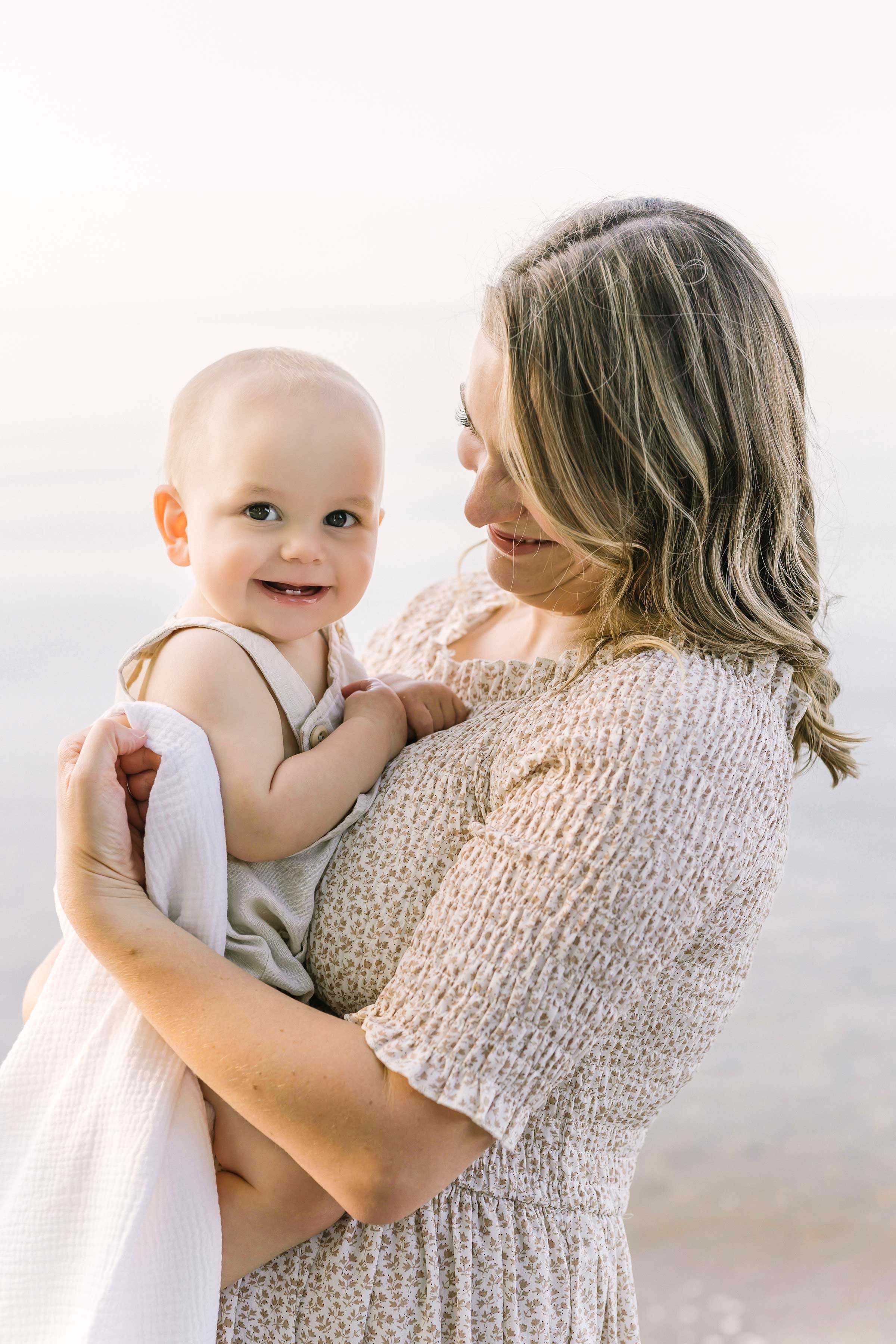 Chute family beach photography with mom and baby