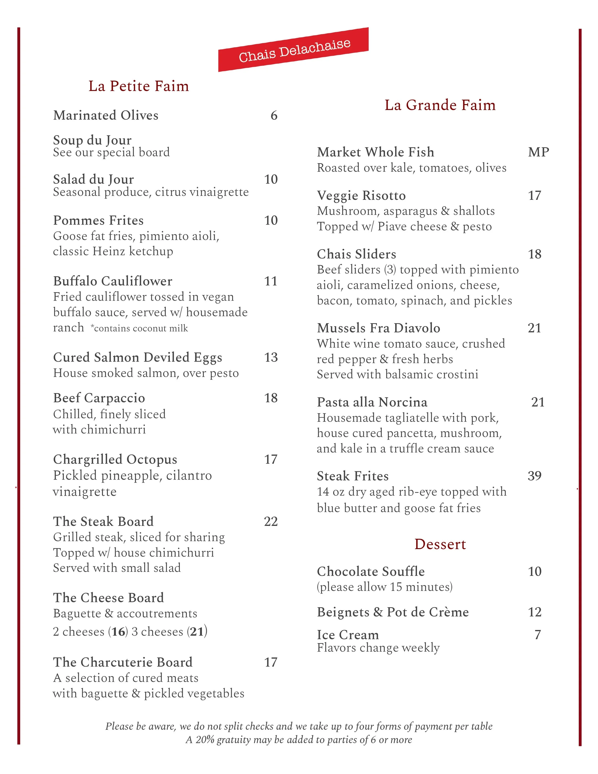 cheeseboard charcuterie veggie risotto whole fish sliders mussels beef carpaccio souffle pasta steak frites deviled eggs pomme frites