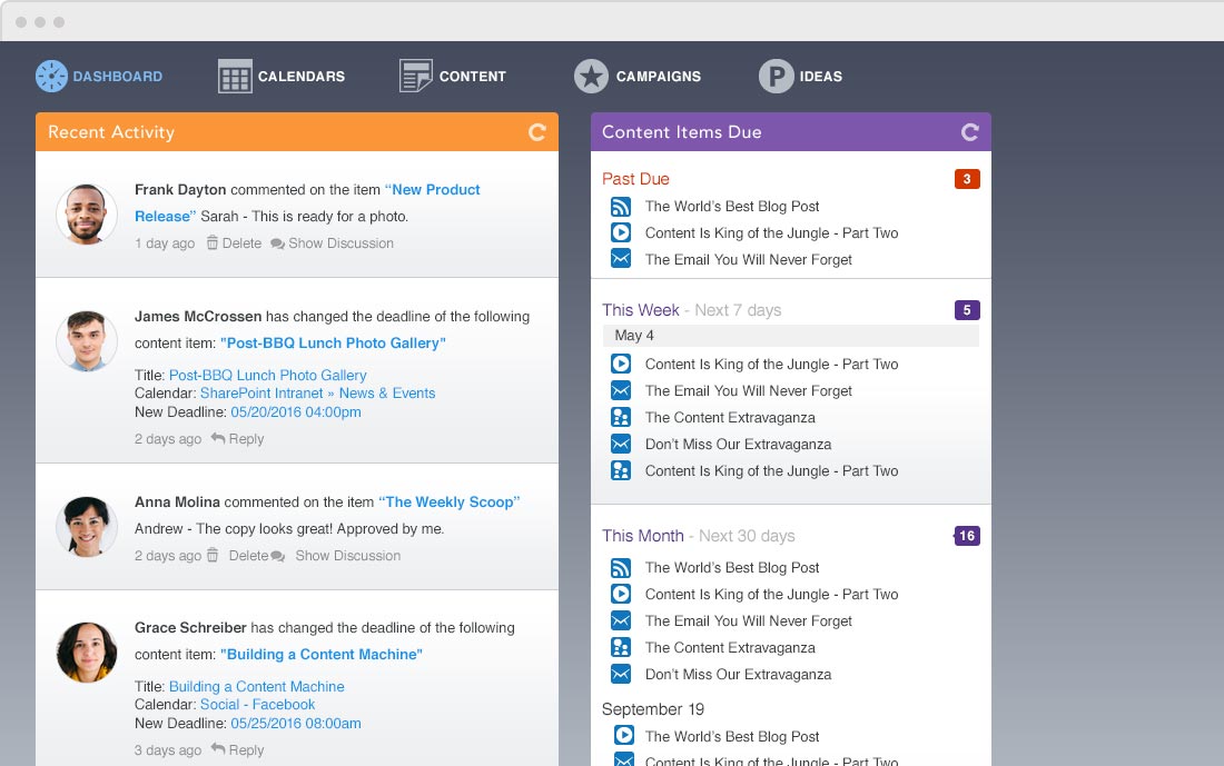 content calendar dashboard