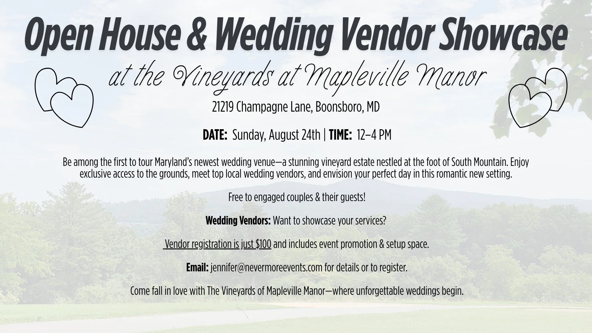 We're so excited to be a featured vendor at the Open House &amp; Wedding Vendor Showcase at The Vineyards of Mapleville Manor!

Join us alongside a talented group of local wedding pros:
@premierpicsmd
@carterquecatering
@headrushstudiollc
@solandbloo