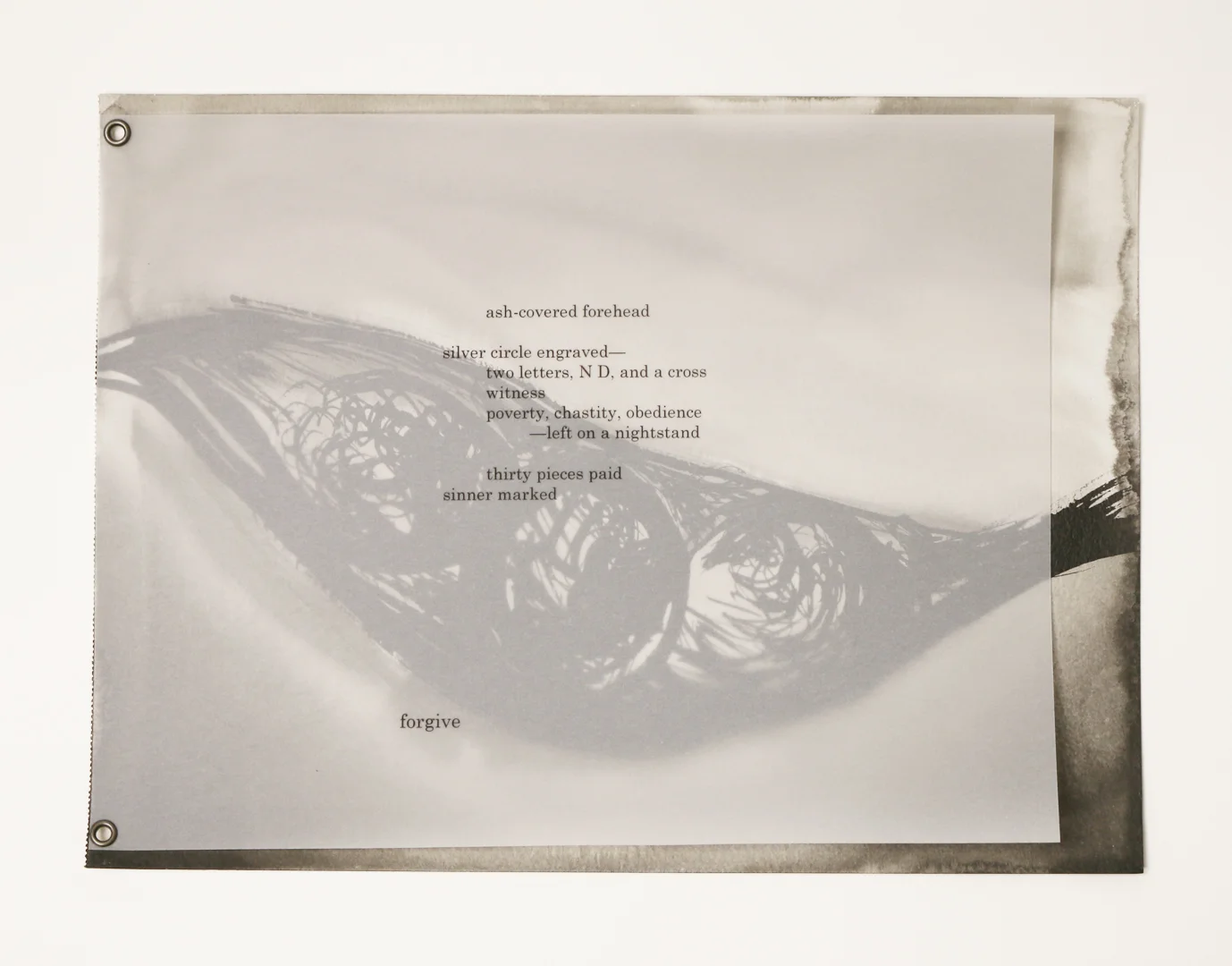 “Graced in Sacred Ground: The Hour of Forgiveness,” 2015, poems by Nicole De Leon, paintings by Yohana Junker, ink on paper, 15x10in