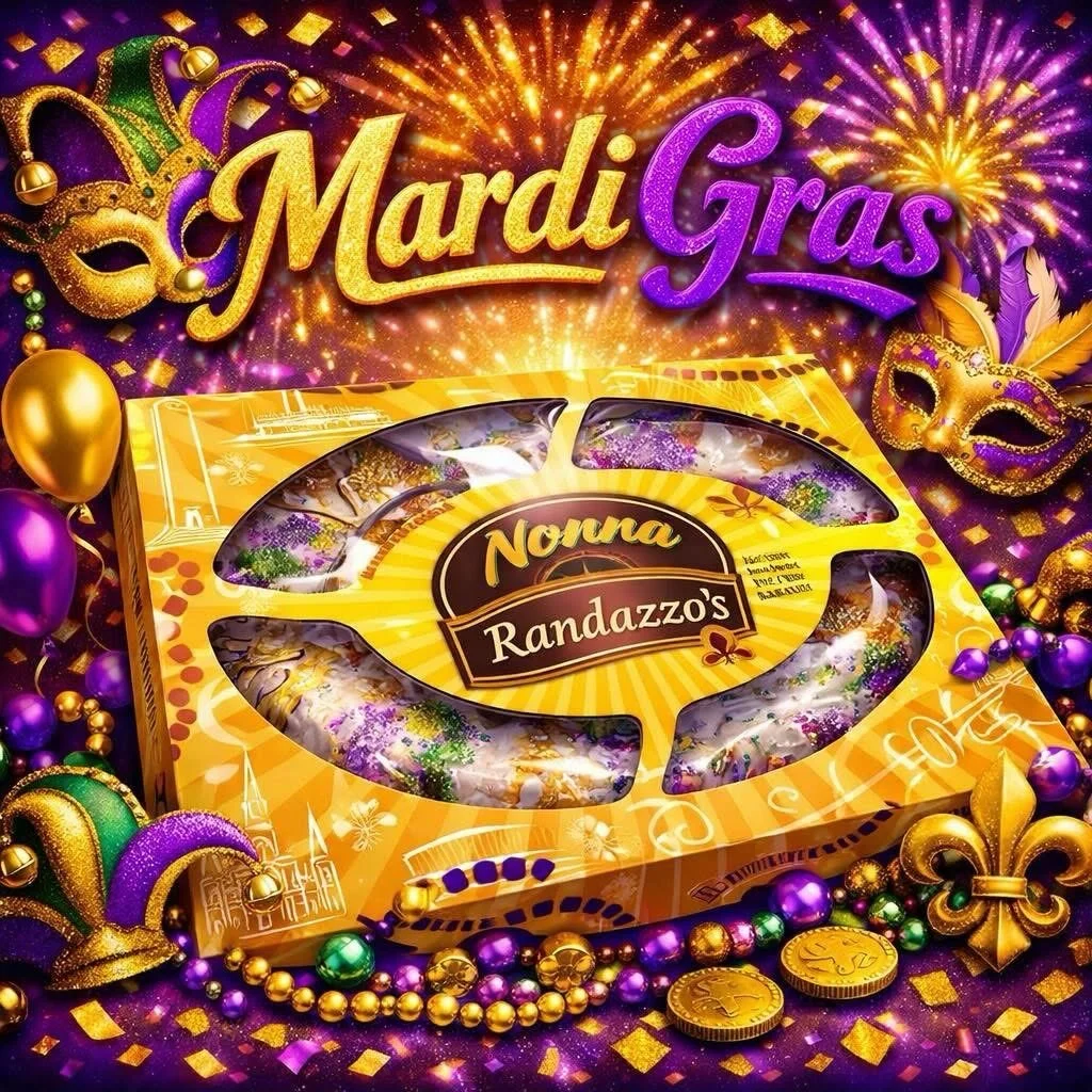 🎭💜💛 KING CAKES 💛💜🎭
Fresh Nonna Randazzo King Cakes will be delivered THIS THURSDAY after 3:00 PM, and this is our FINAL availability of the season! 😱👑

Here&rsquo;s what&rsquo;s arriving:

✨ 12 Traditional
✨ 27 Cream Cheese
✨ 4 Bavarian Cream
