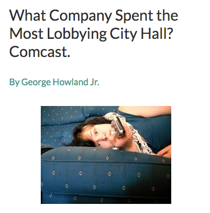 In 2016, Comcast was the company that spent the most money lobbying the city council: $98,000. The year before, the media giant spent $99,000 lobbying and won its second 10-year, cable-franchise agreement with support from Murray and the city council (read more) .