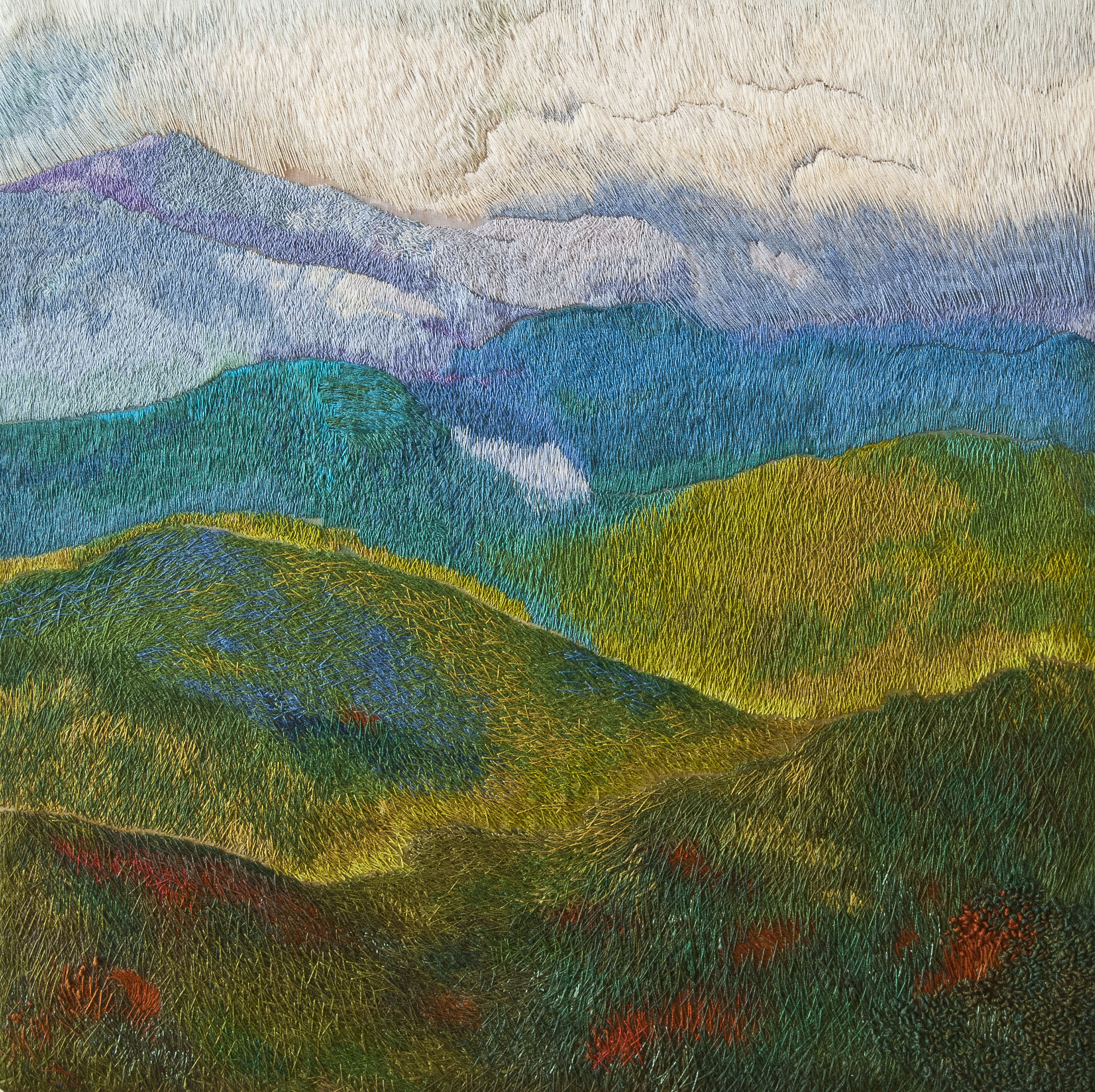  Olympic Mountains, Stitched mercerized cotton thread on silk, 2010-2012, 18" x 18" 