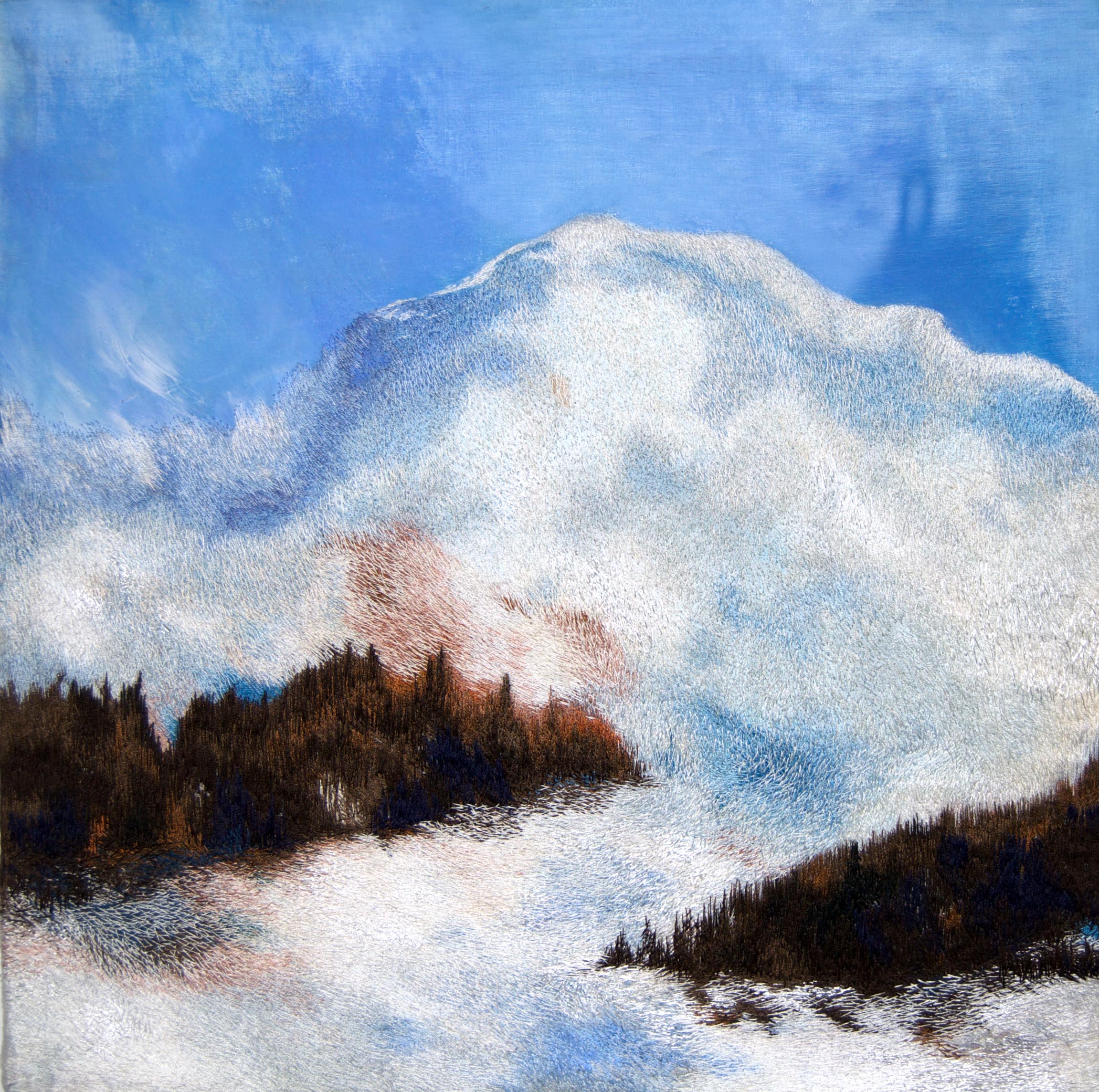  Snow Flurries, Paradise Park, Mt Rainier, WA, Stitched mercerized cotton thread and watercolor on silk, 2011-2012 18" x 18" 