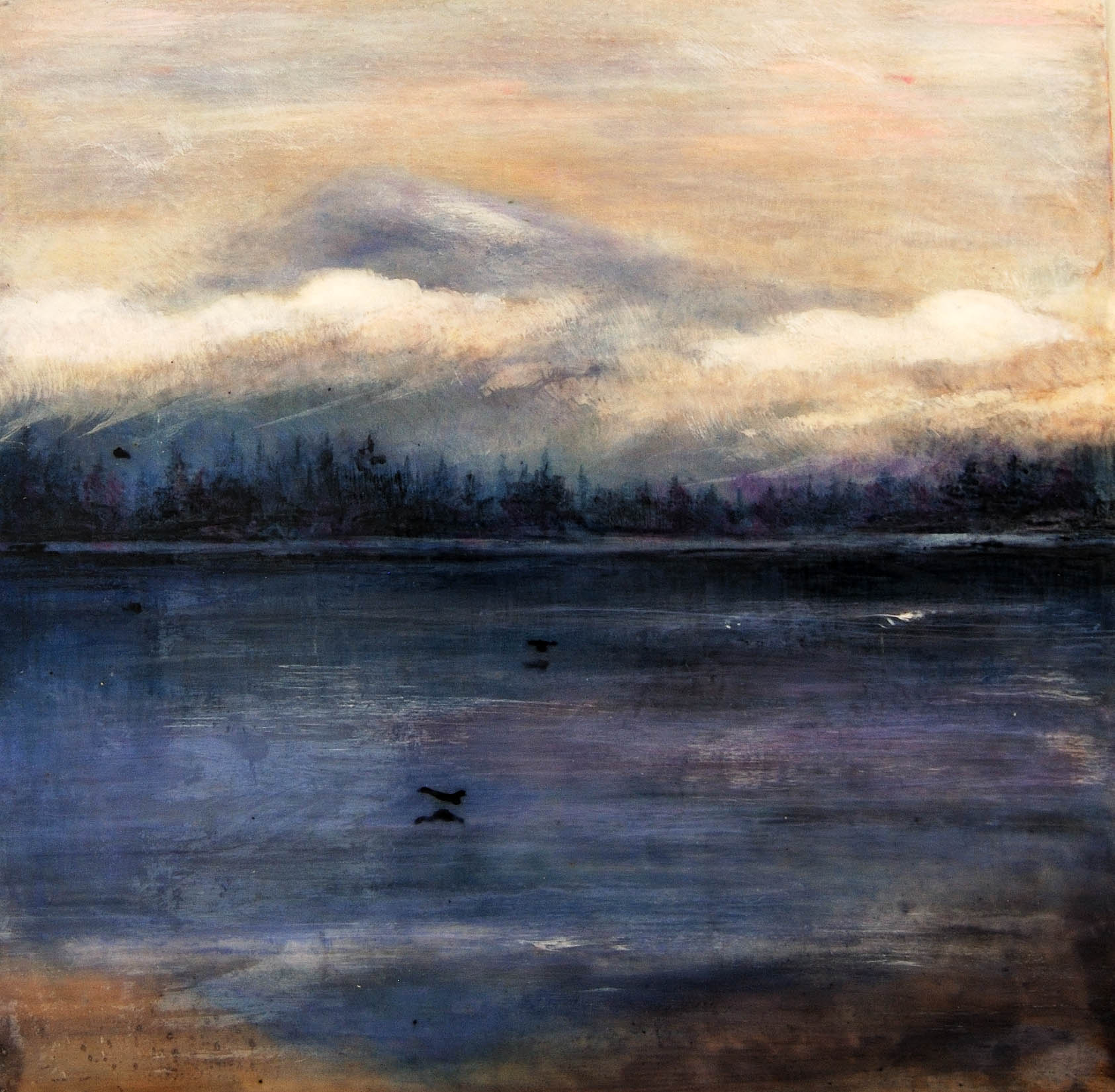  Mt Baker Sunrise, Semiahmoo Retreat, WA, Mixed media on silk &amp; wood, 2009 12" x 12"&nbsp;In private collection 