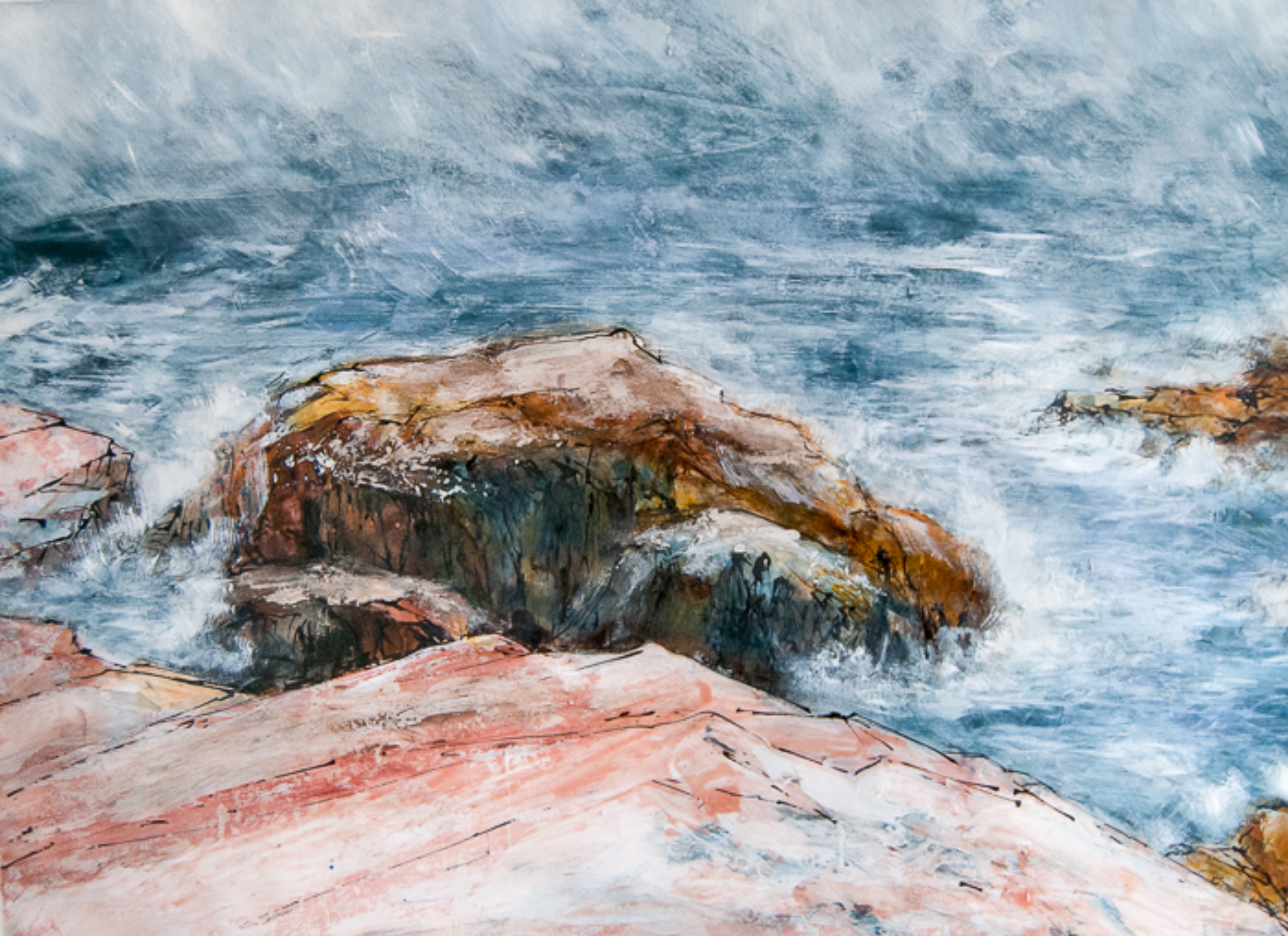  Rock Tempest, Schoodic ME, Watercolor, pencil and ink with acrylic on paper, 2014 47" x 33 1/4" 