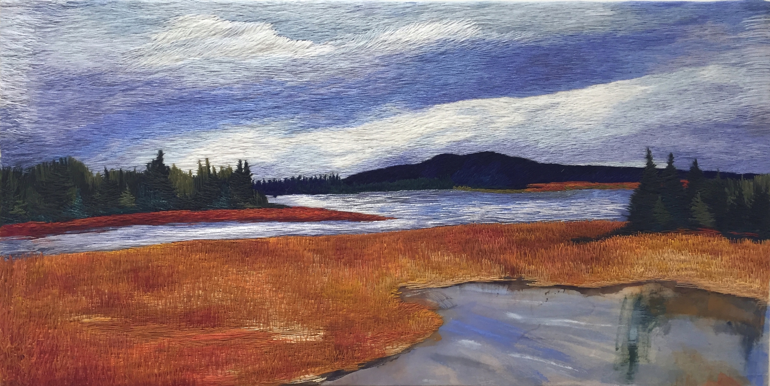 Salt Marsh, Tremont, Mount Desert Island, ME, Embroidered cotton thread and ink on silk, 12" x 24" 2015-2016, In private collection