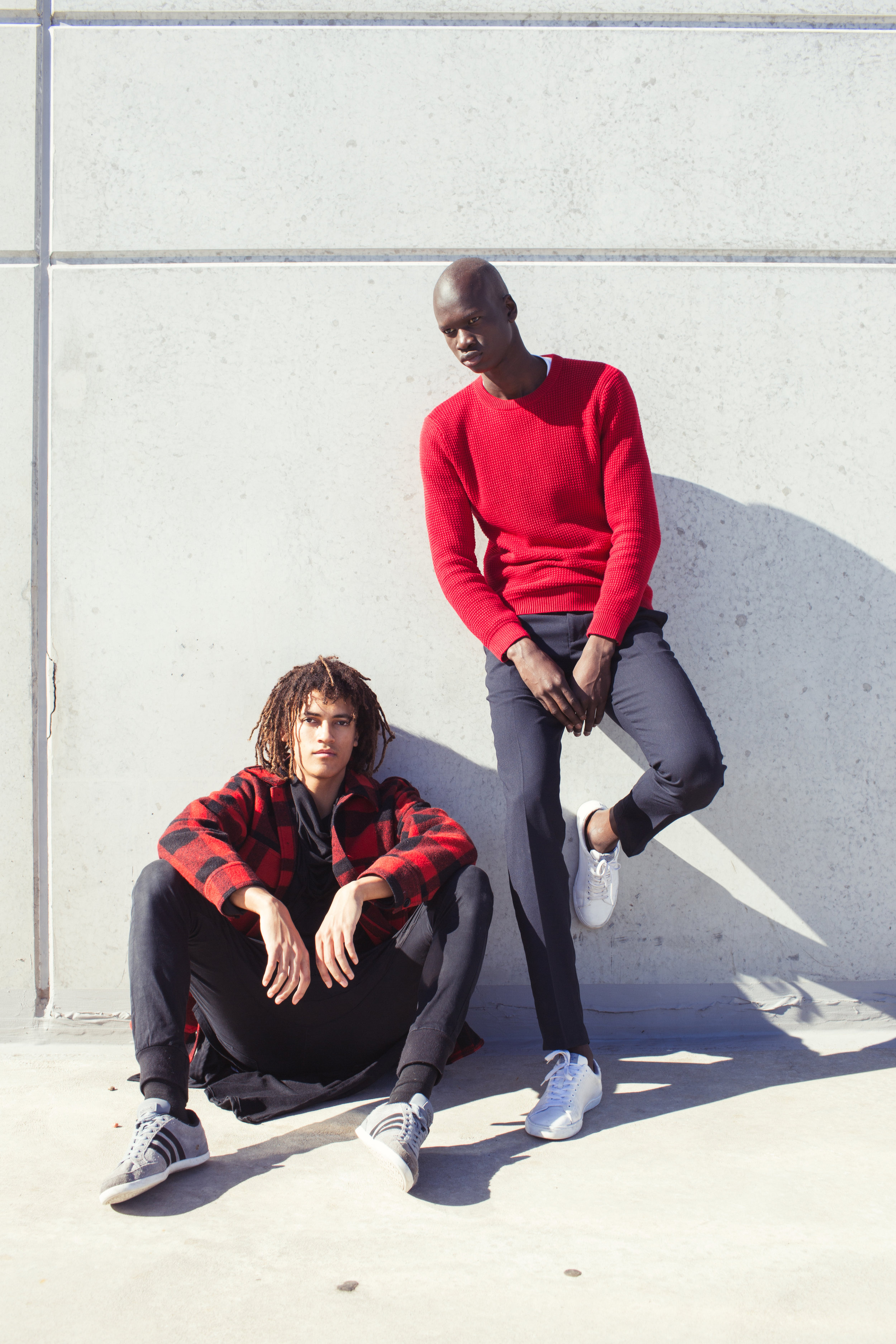 Scott wears top SUGAR AND COTTON , trousers THE MOTUS PROJECTS , jacket SWOP ClOTHING EXCHANGE , shoes REBEL SPORT - ADIDAS CAFLAIRS and Yach wears top & shoes H&M , trousers BELL & BARNETT
