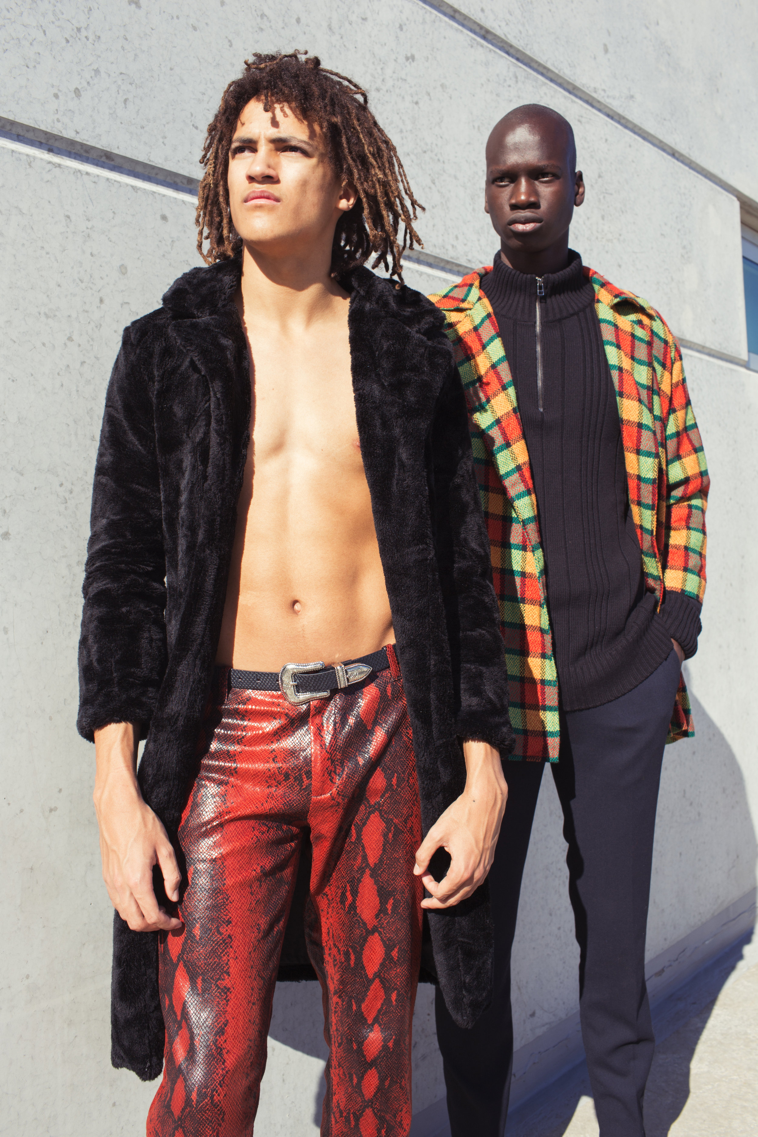 Scott wears jacket MISS SHOP , belt & trousers SWOP CLOTHING EXCHANGE and Yach wears trousers BELL & BARNETT , jacket ROSALIA VARI