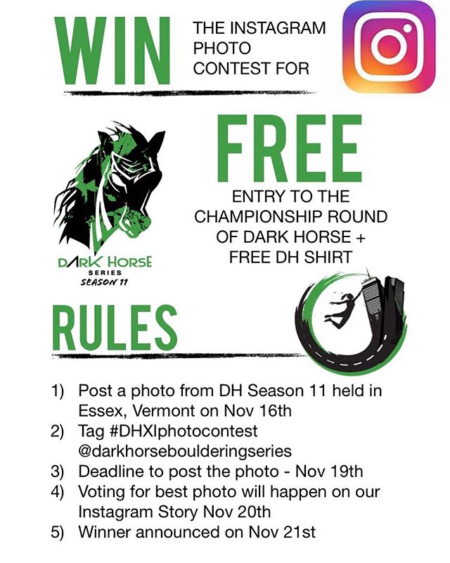 Attention Rockers, Dark Horse Competitors, observers, and would be finals competitors. Submit your best photos from this weekend&rsquo;s Dark Horse bouldering competition for a chance to win FREE entry to the Dark Horse Championship Round and a DH Sh