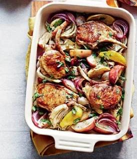 Cider-roast pork cutlets with apple and fennel