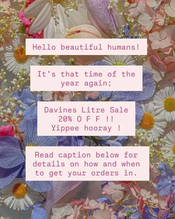 D A V I N E S • A N N U A L • L I T R E • S A L E 
20% off select Litres, available while supplies lasts until the end of August ! 
Orders will be sent out the 15th, 22nd and 29th ! 
Send in your orders to Kacy @ the salon, 403 660 3