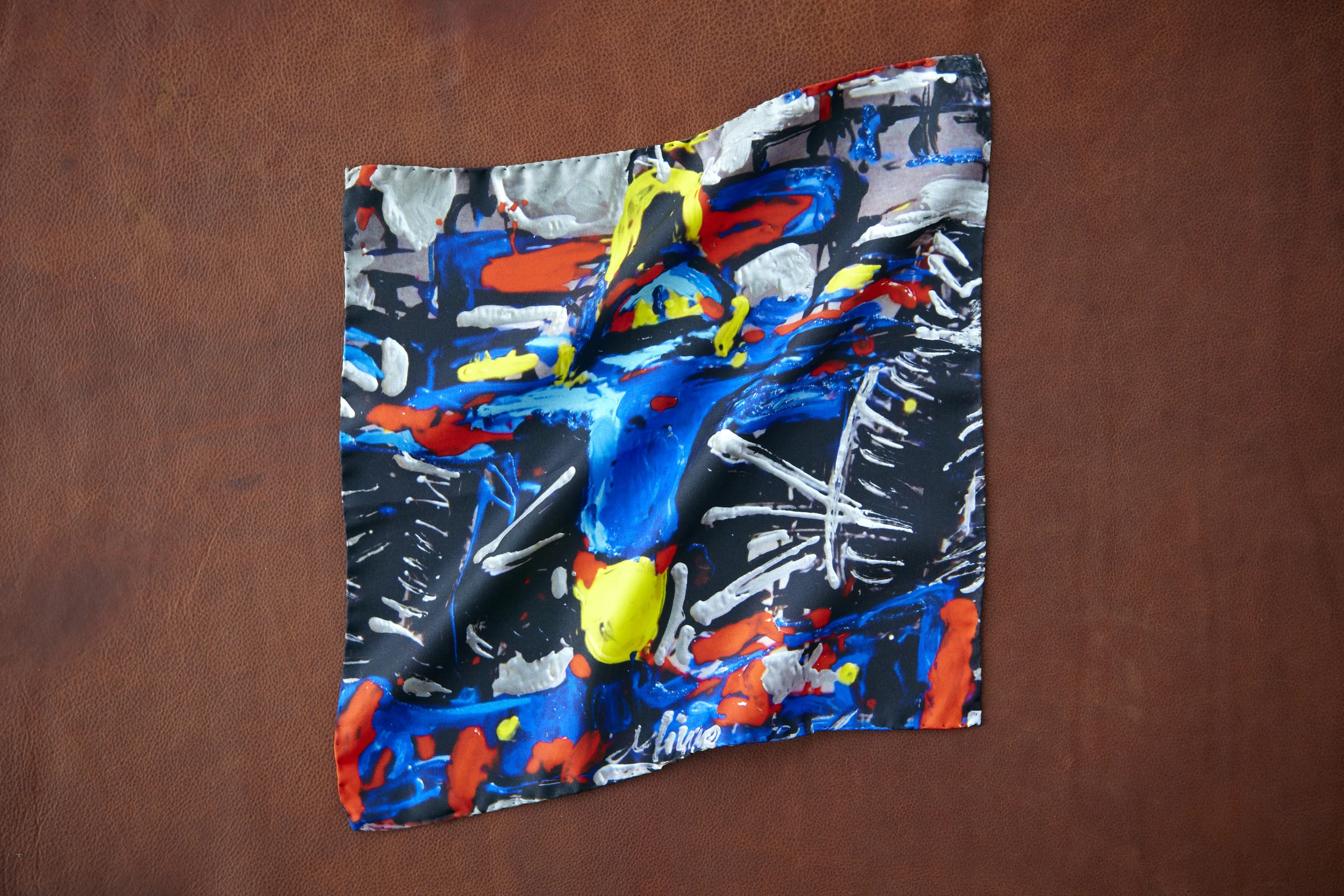 F1 Blue Aluminum silk pocket square on leather