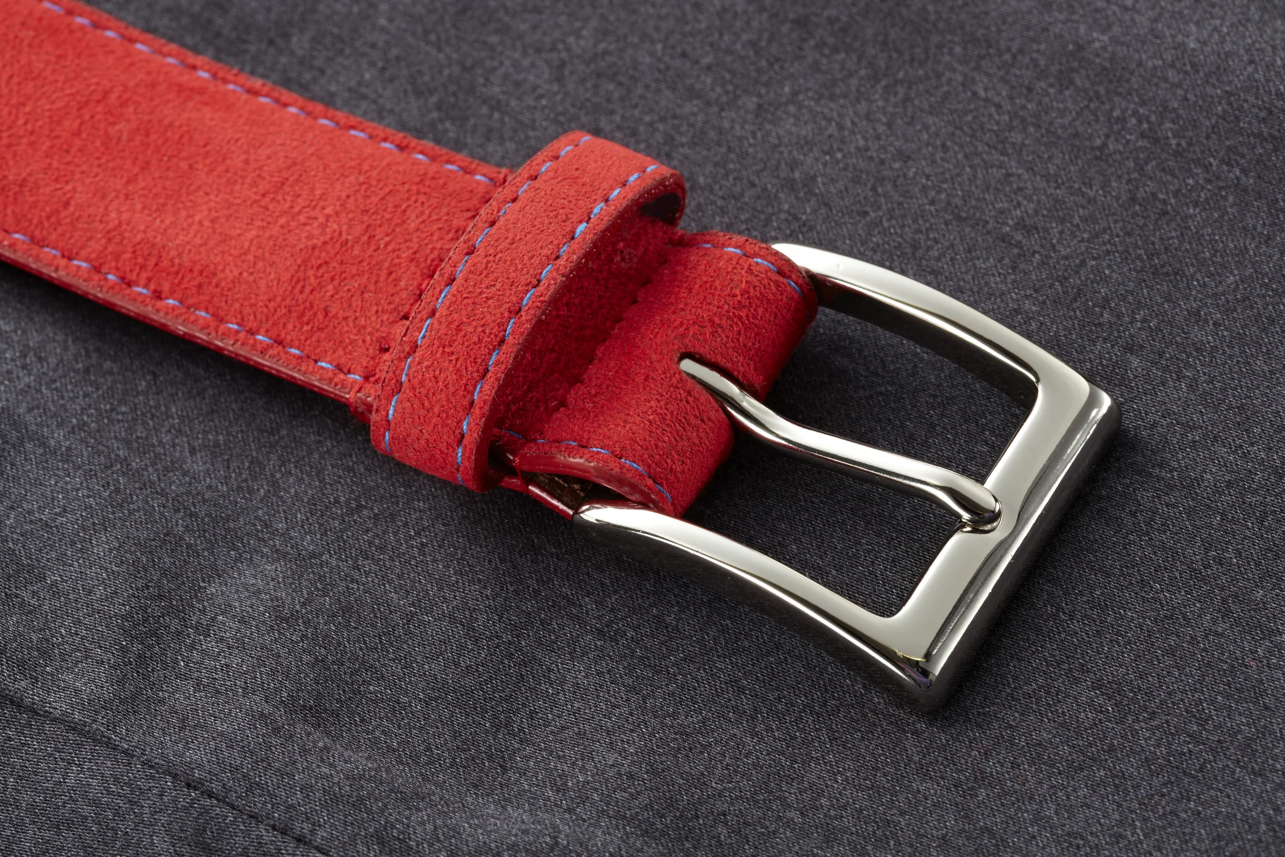 Copy of Silver Buckle on an Alcantara Belt Red with Blue Stitching