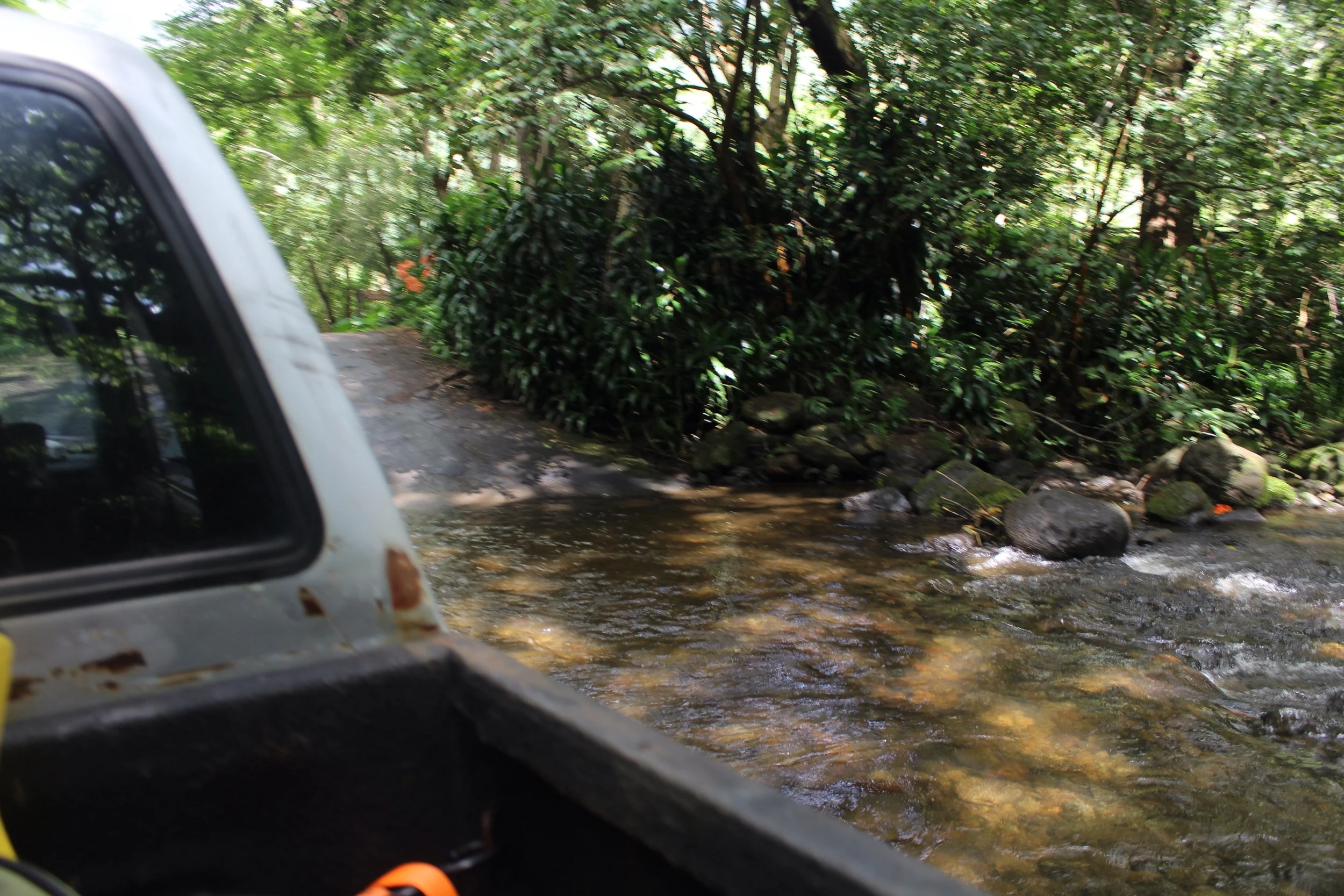 Driving through the water.