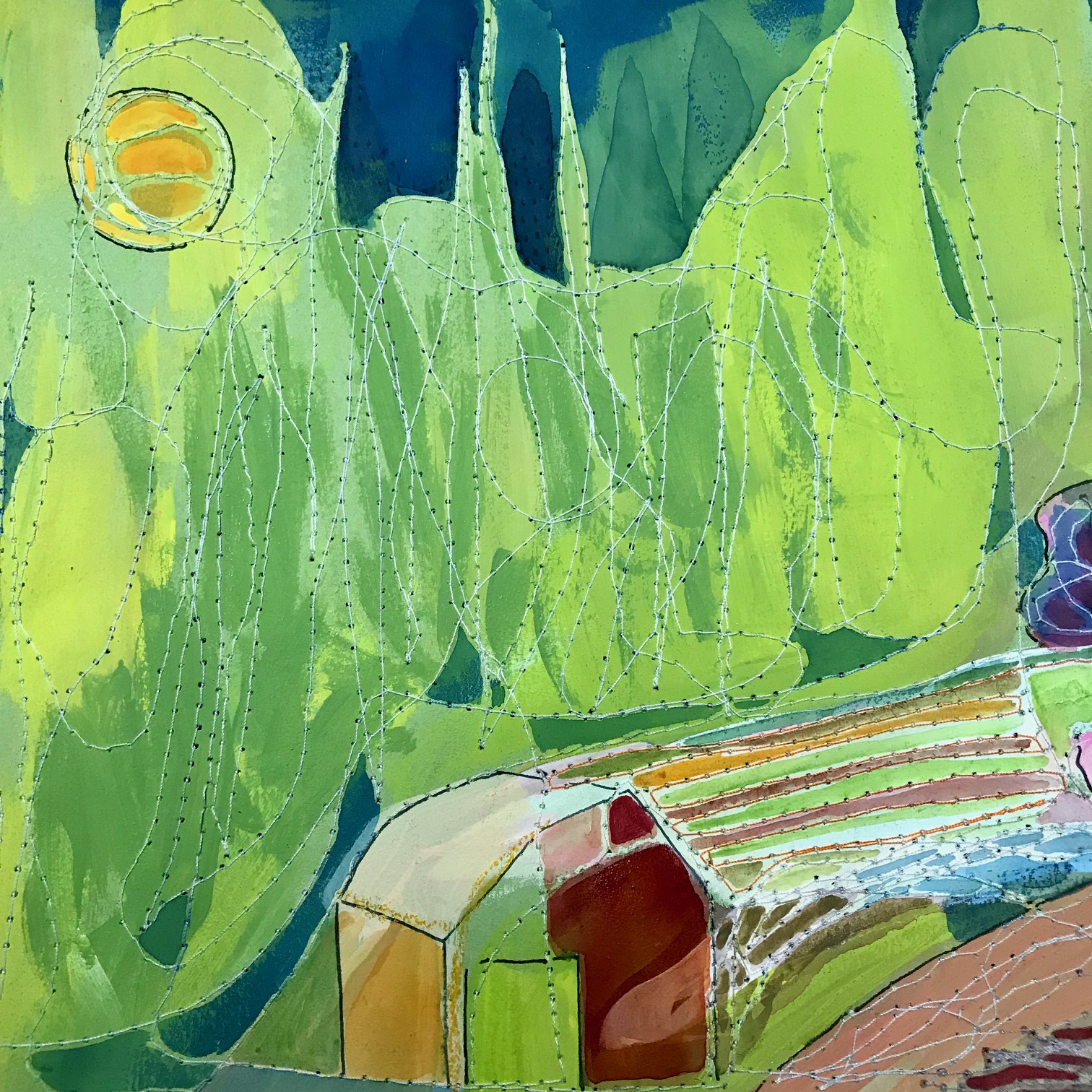 Moon Barn Forest/ 8x8 mixed media SOLD