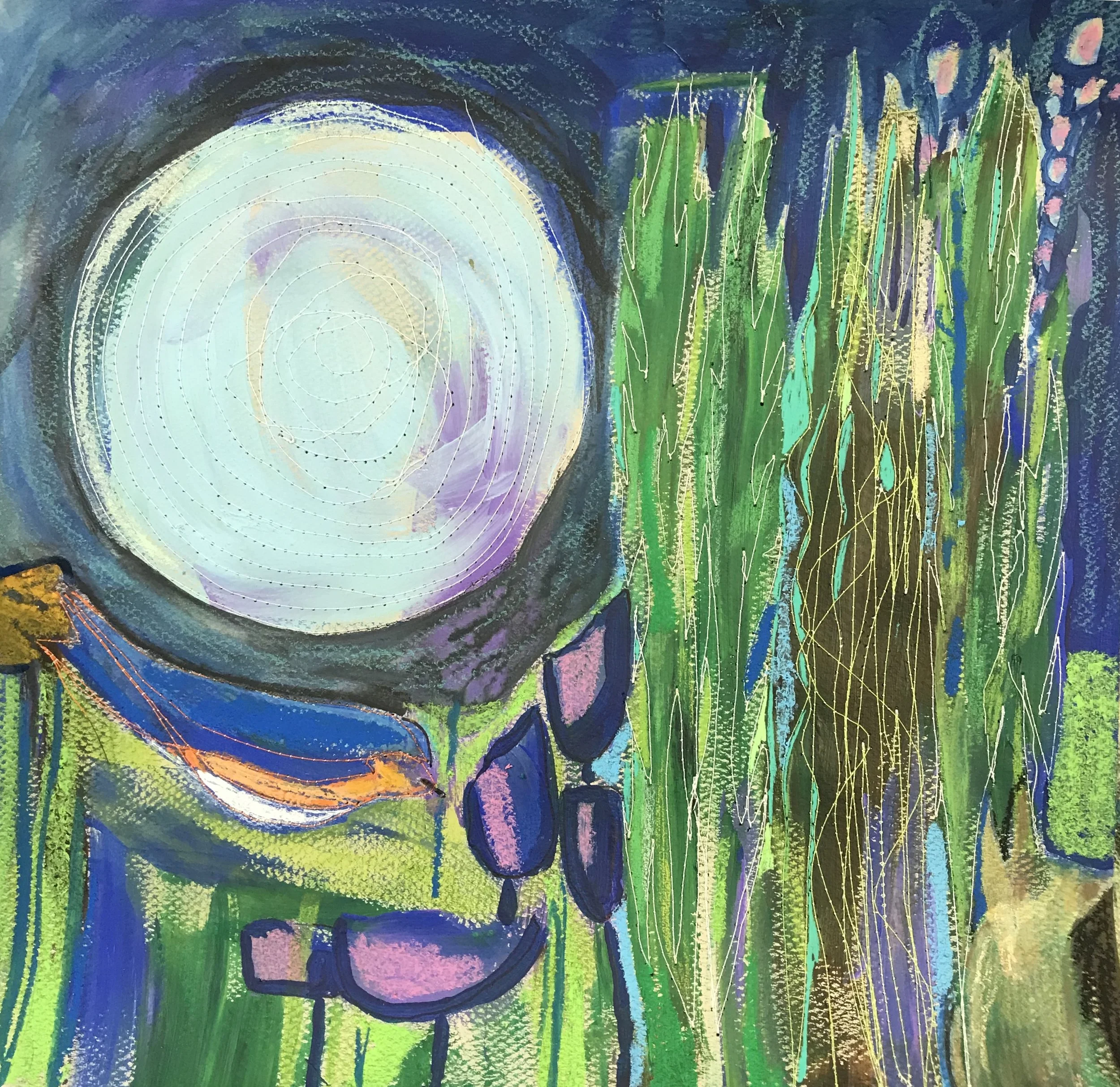Moon Blue Bird 12x12 stitched mixed media