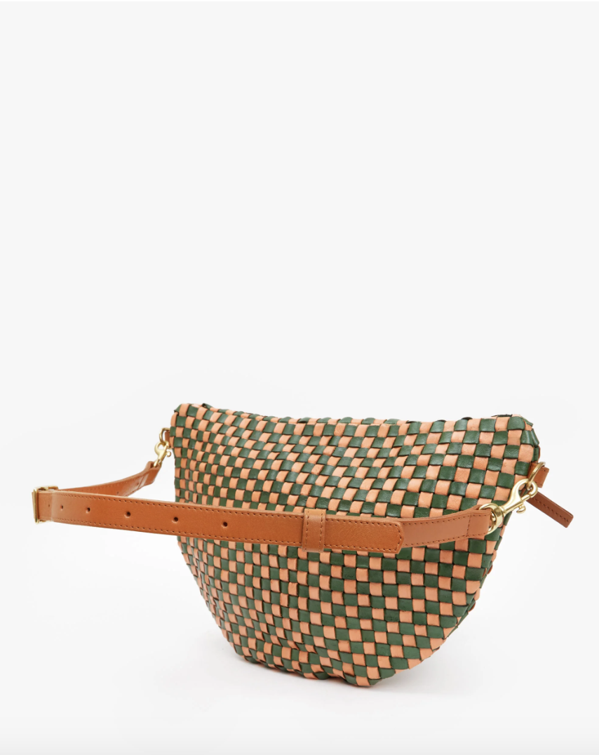 Clare V: Grande Fanny: Safari Green & Coral Woven Checker — ALCHEMY MARIN