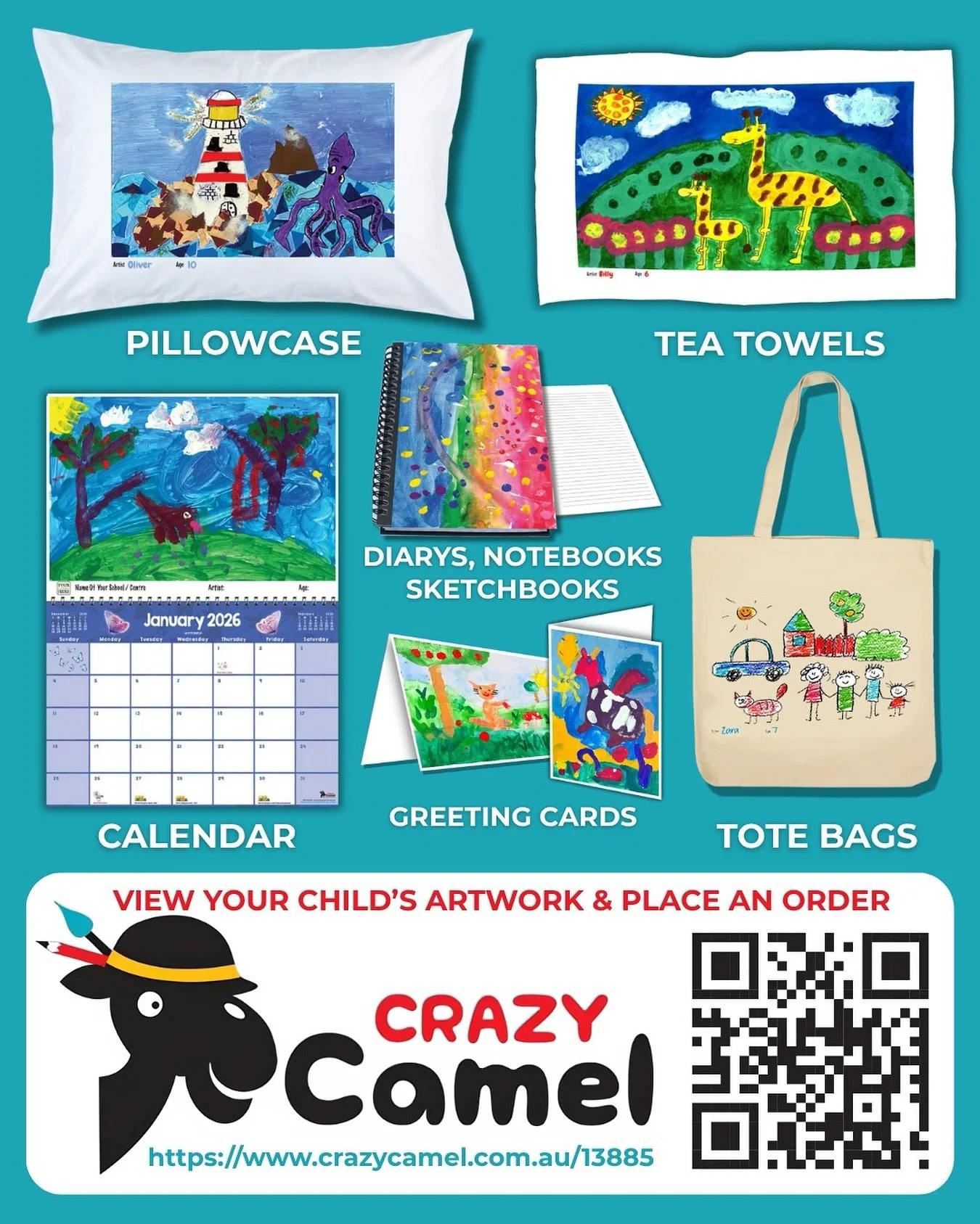 Order keepsakes featuring your child&rsquo;s artwork! www.crazycamel.com.au/13885

Last term all Crownies created some art with Miss Jennings. 

You can buy a keepsake with your child&rsquo;s artwork on it. 

You can choose a calendar, greeting cards