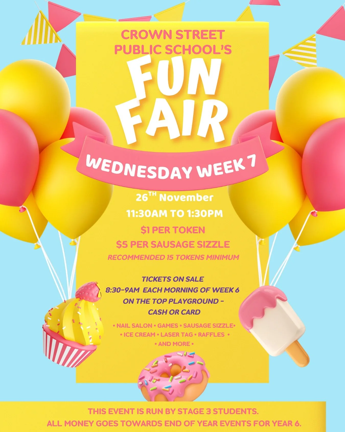 Tickets are on sale from tomorrow morning in the playground for the Fun Fair. Each year Stage 3 hosts this event at school for all the students to enjoy. Funds raised goes towards Y6 year end activites. The fair consists of stalls run by students lik
