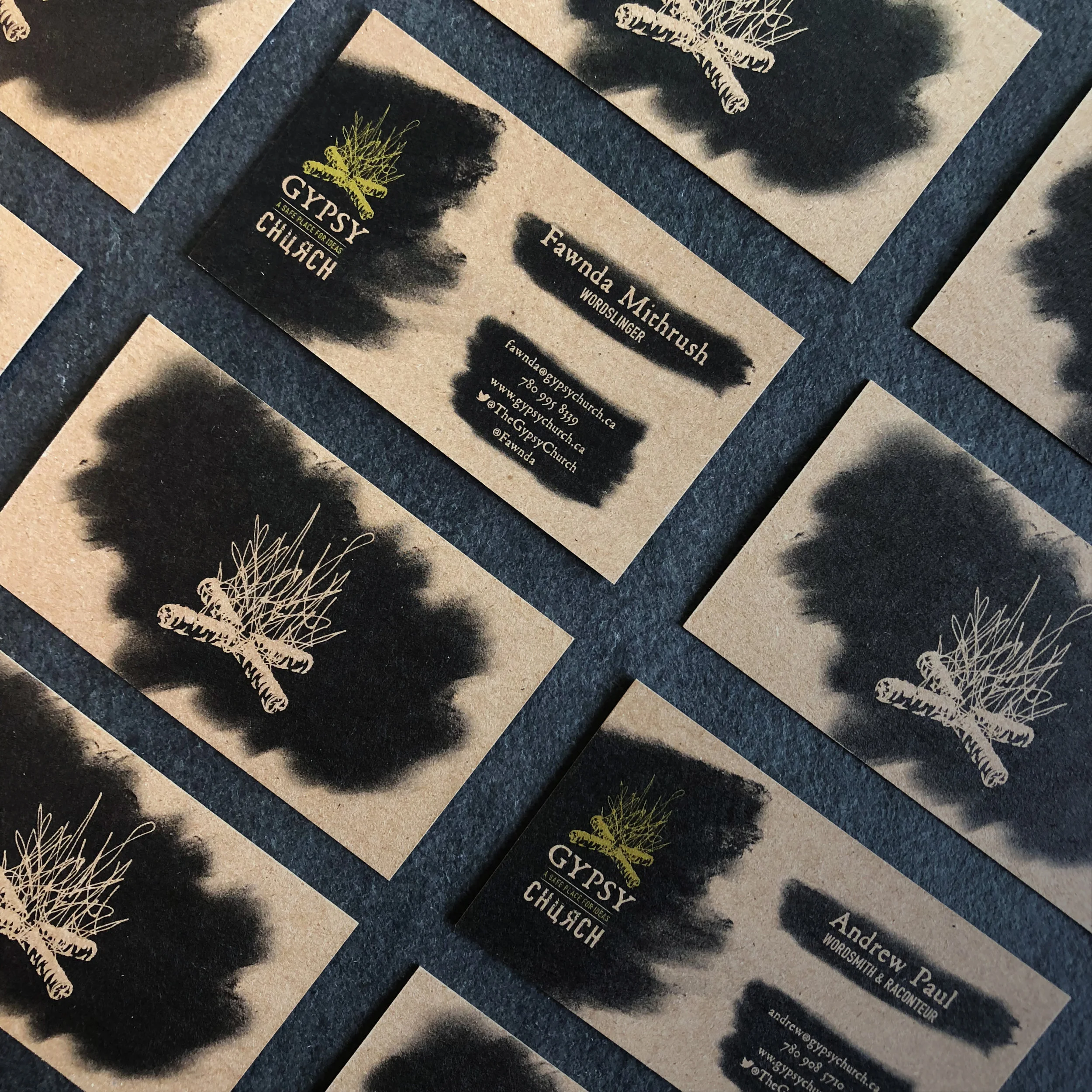 second round of business cards indigo printed on a kraft chipboard stock with white ink behind the logo icon