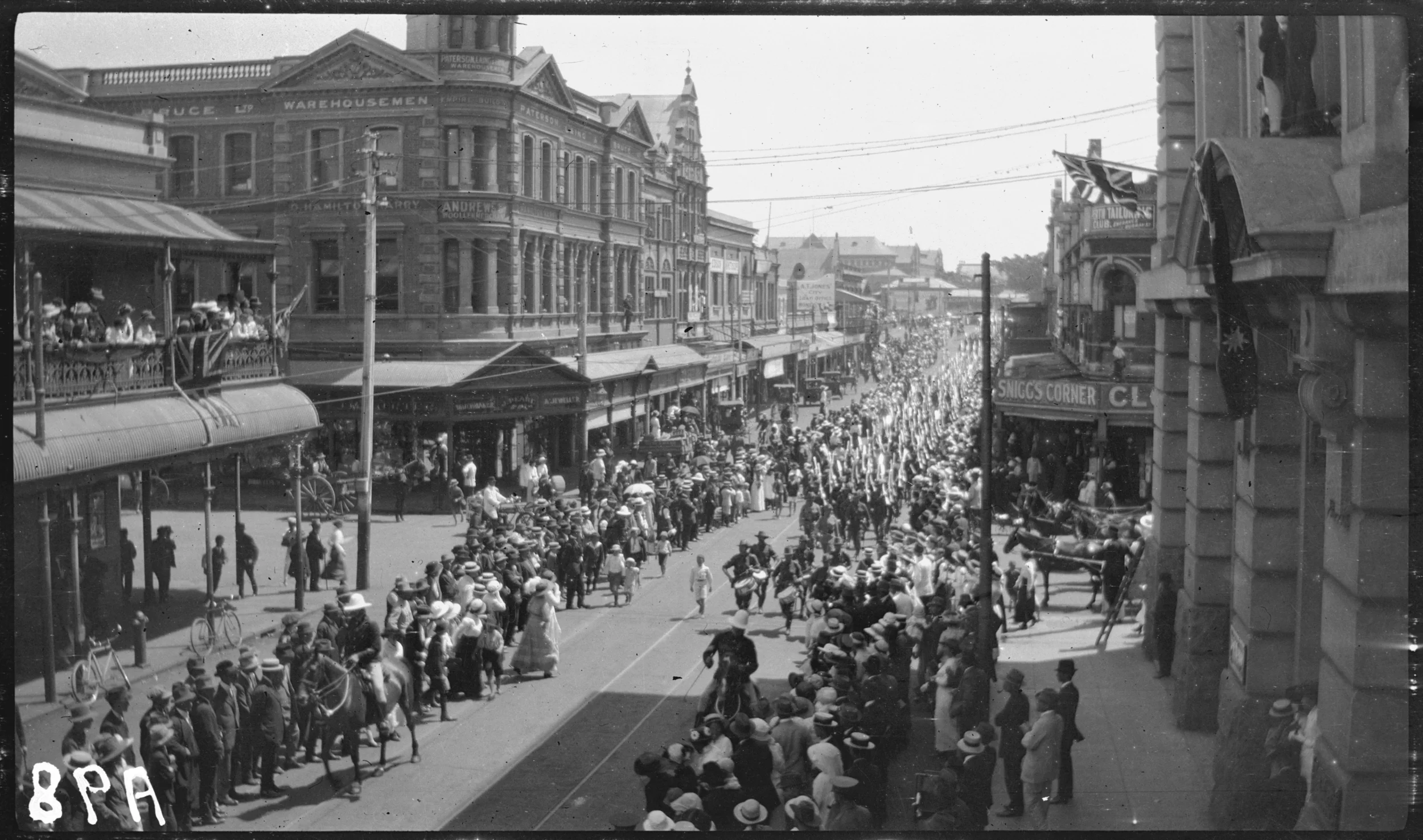 Photograph of A.I.F. Reinforcements departing for the front including soldiers from the 11th, 12th, 16th and 28th Battalions as well as the 10th Light Horse Regiment. Photograph taken looking north up Barrack Street on the 15th January 1916. Image courtesy of the State Library of Western Australia: 304228PD
