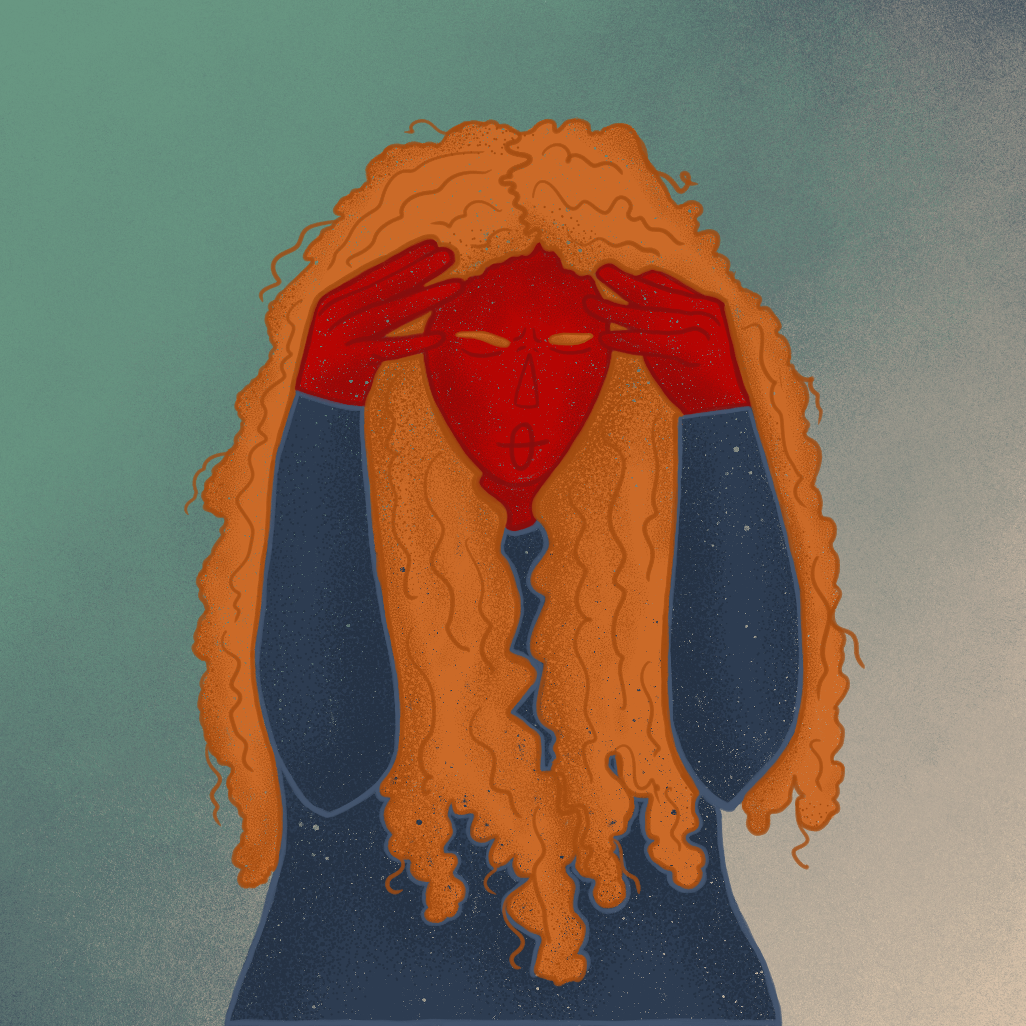 A digital illustration of a woman with curly orange hair, covering her face with her hands, against a blurred green background.