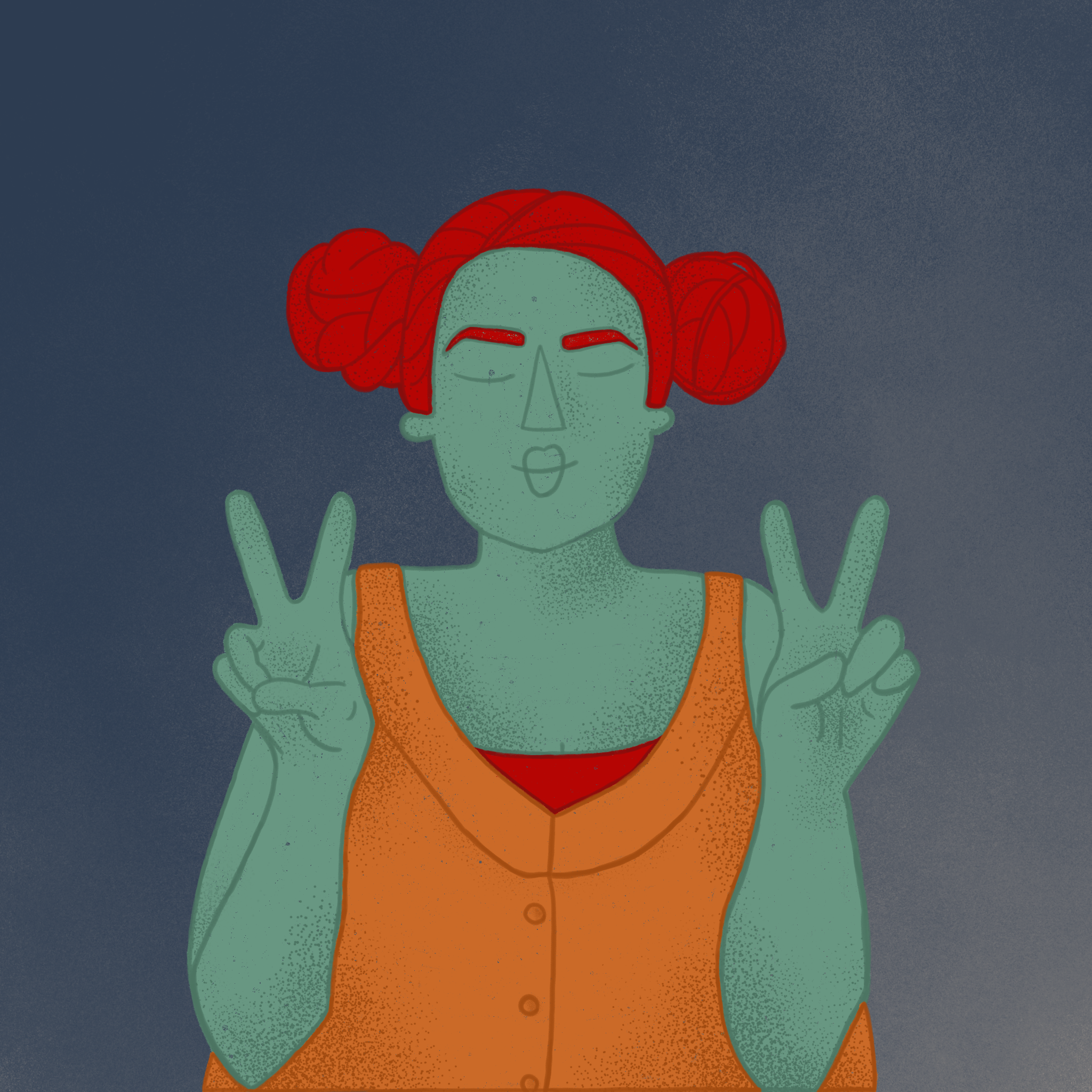 A cartoon illustration of a smiling person with green skin and red curly hair, wearing an orange vest and making a peace sign with both hands.