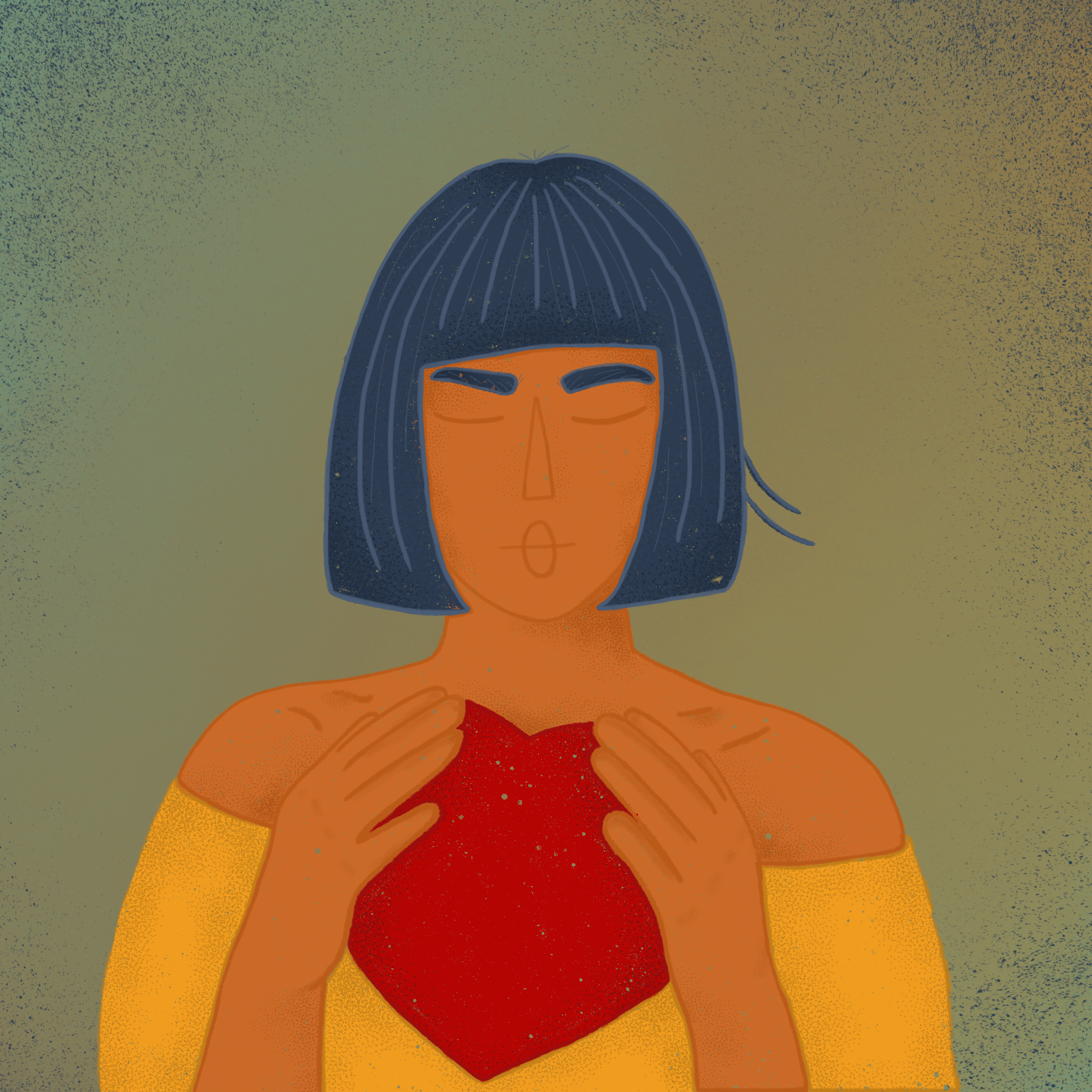 An illustration of a person with dark hair, closed eyes, and a tan complexion, holding a red heart-shaped object in front of their chest. The background features a gradient of green and yellow with a speckled texture.