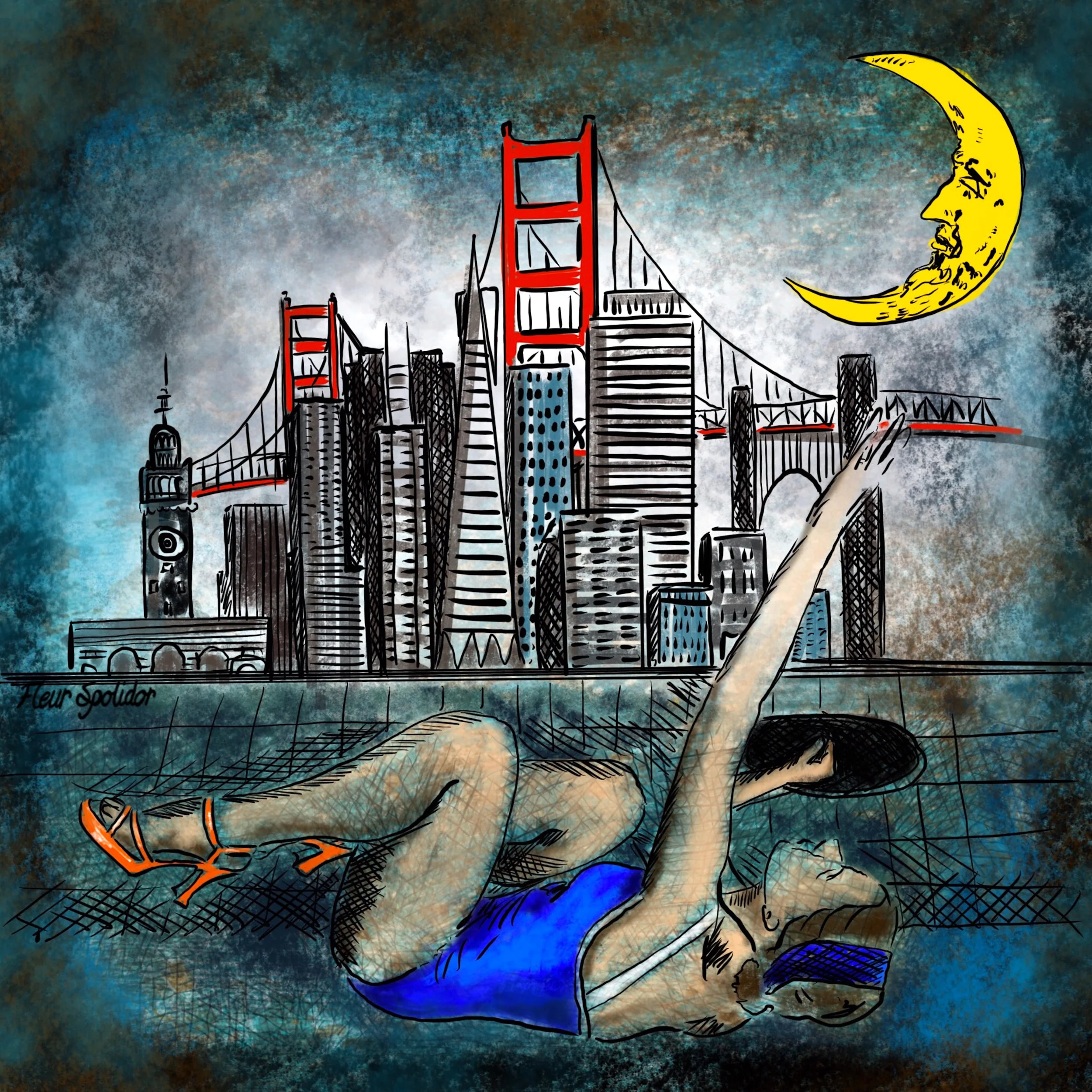 "Reaching for the moon over SF" Digital painting