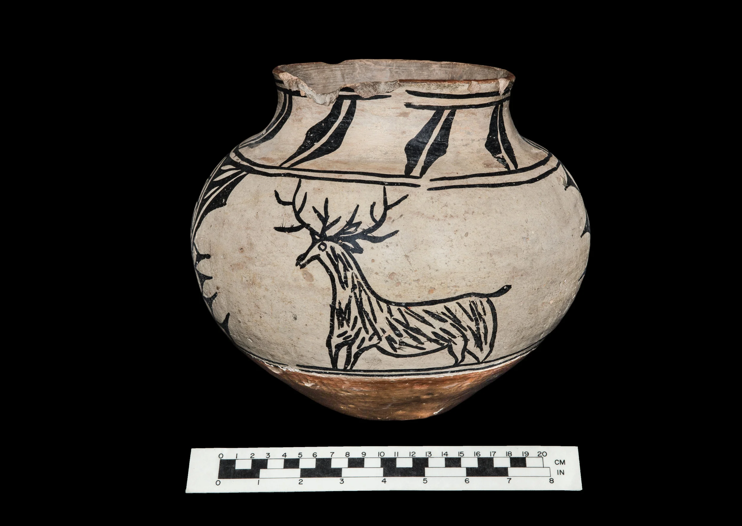 Polychrome pot with elk/deer design, probably from Cochiti Pueblo or Santa Domingo, ca. 1890.