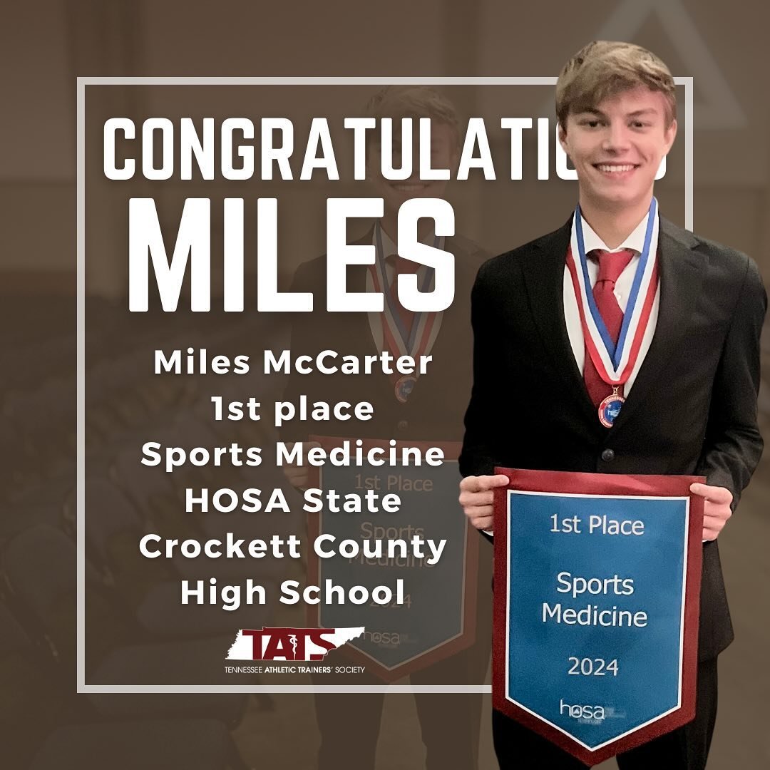 Congratulations to Miles McCarter of Crockett County High School for finishing 1st in the Sports Medicine Division at Tennessee HOSA State.