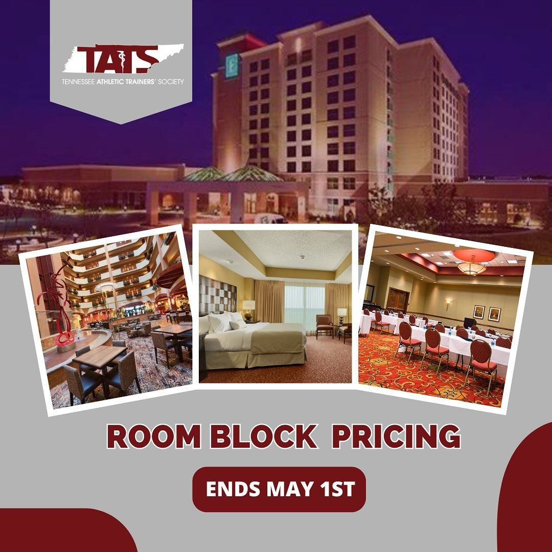 Secure your accommodations today for the 2024 Tennessee Athletic Trainers Educational Symposium, as room block pricing will expire soon.