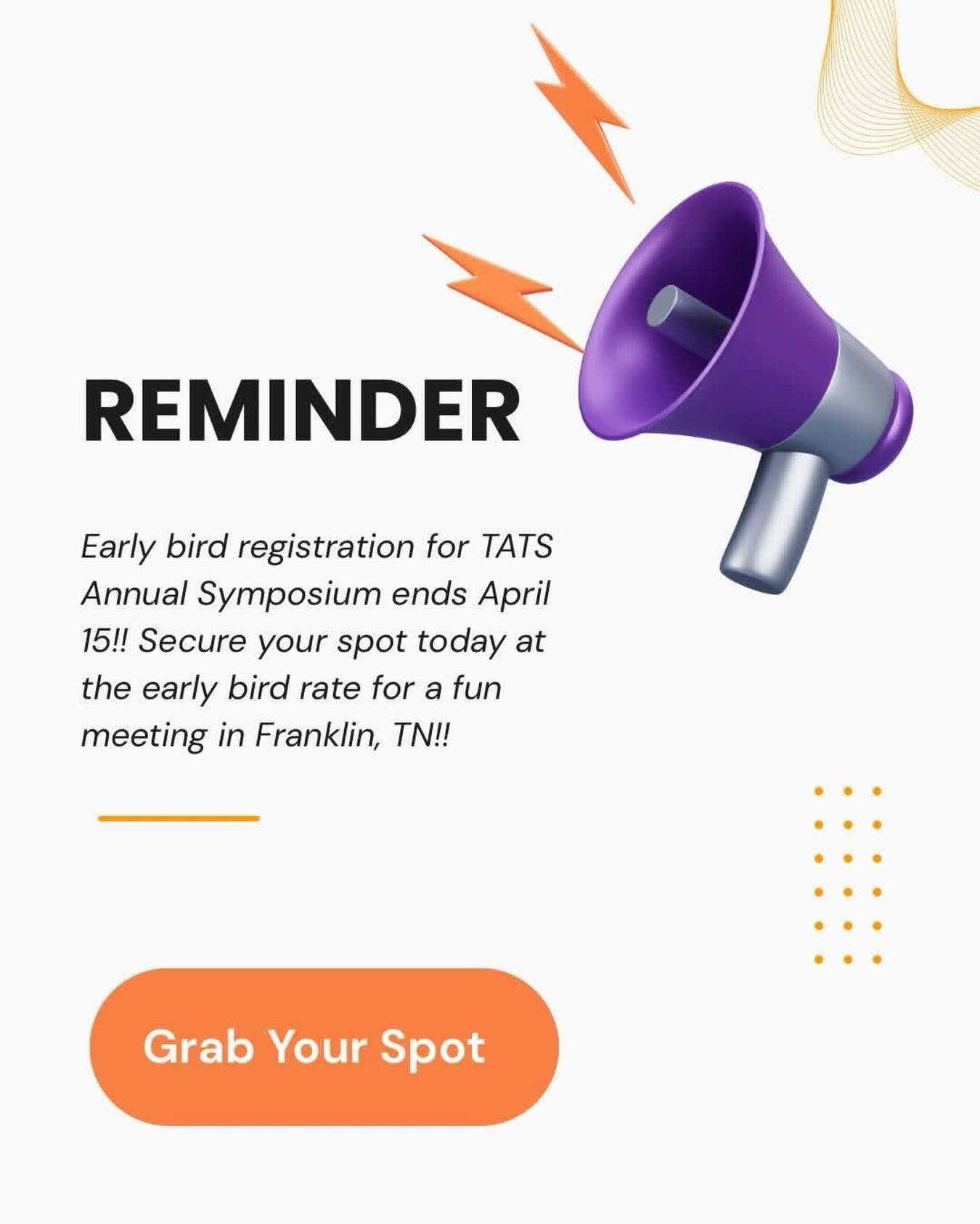 Early bird registration ends TODAY!! Sign up now for our Annual meeting May 29-31 in Franklin! 
 
Link: https://www.tnata.org/2025-annual-symposium