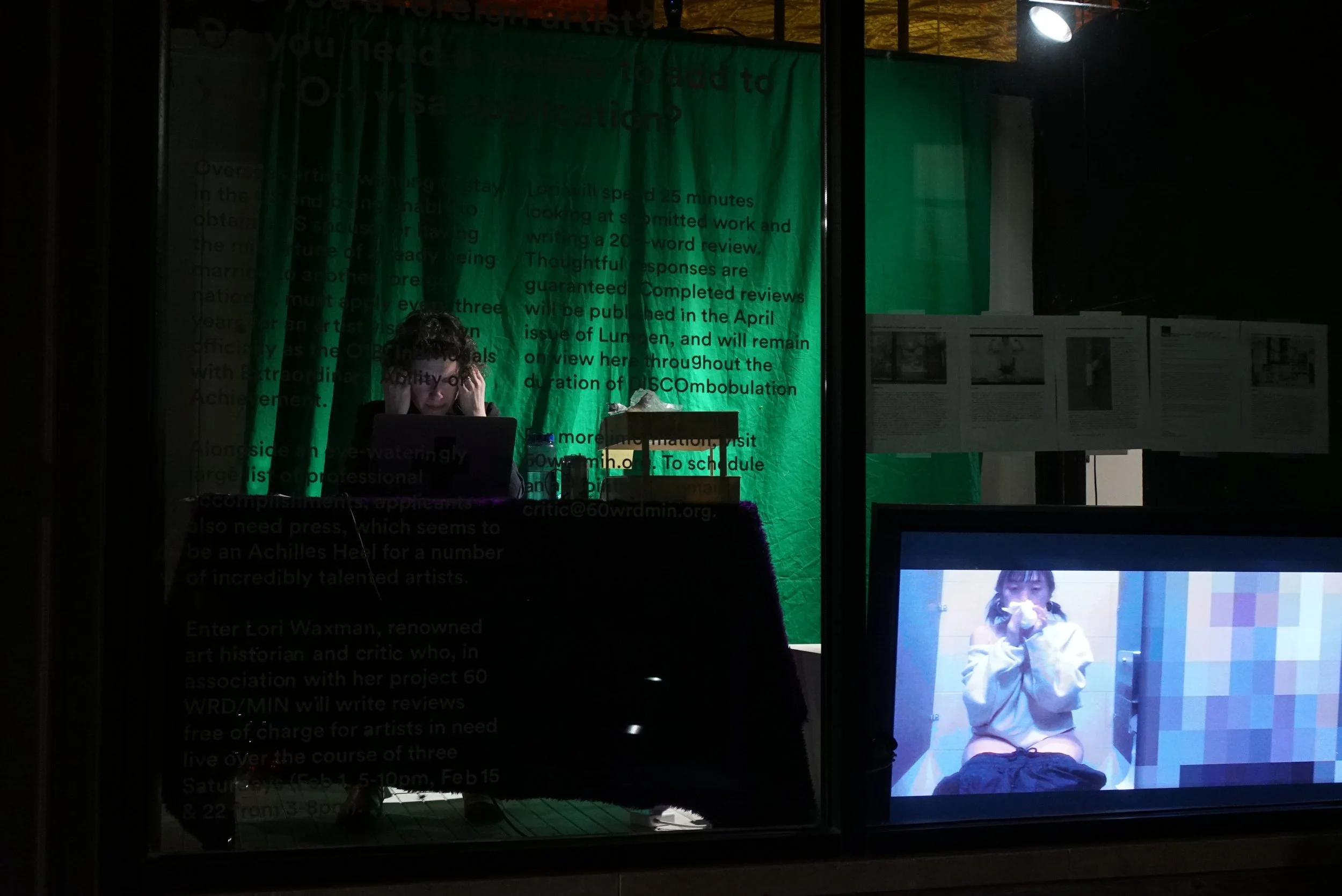  Lori Waxman writing interviews on opening night. Photo: Jesse Bond 