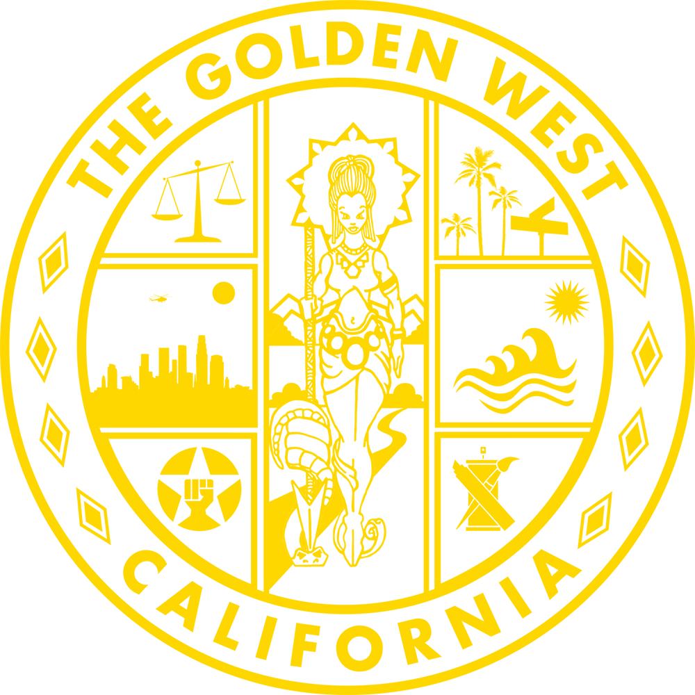 Emblem of the California Gold Rush, featuring a figure of a woman holding a pickaxe and a fountain, surrounded by symbols representing justice, cityscapes, nature, and trade, with the text "The Golden West California" at the top and bottom.