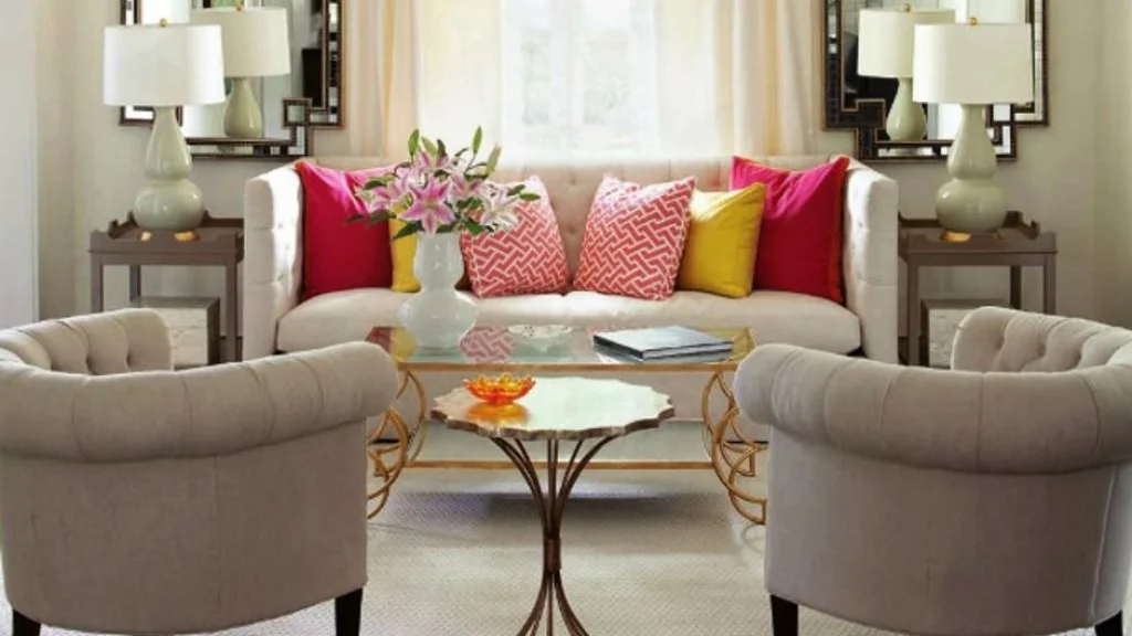 wonderful-mirror-wall-decoration-ideas-living-room_brown-daisy-wall-mounted-mirror_white-fabric-modern-arms-sofa-chair_round-gold-metal-chrome-end-table_white-ceramic-table-lamp.jpg