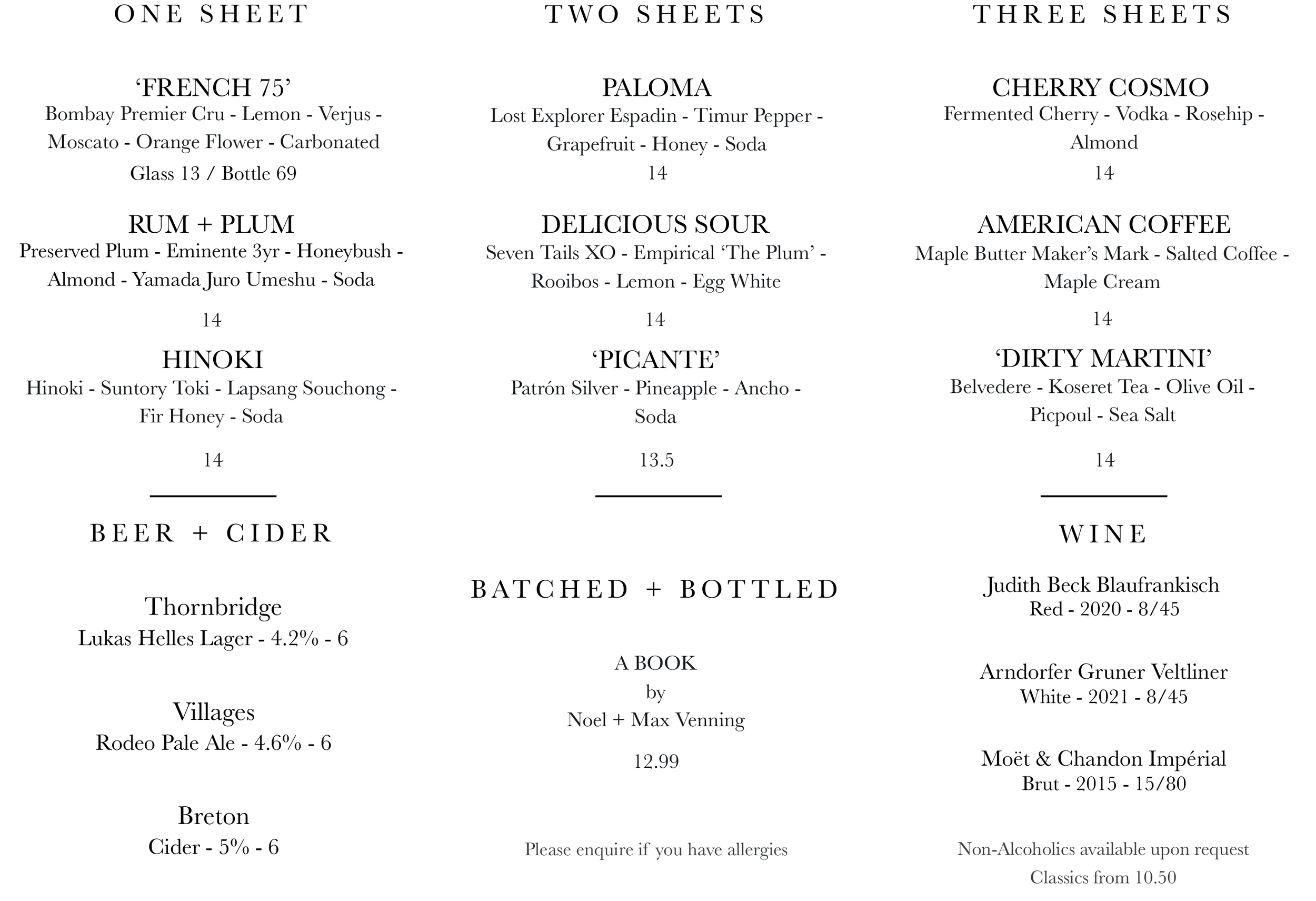 Drinks Cocktails / Wine / Beer — THREE SHEETS BARS