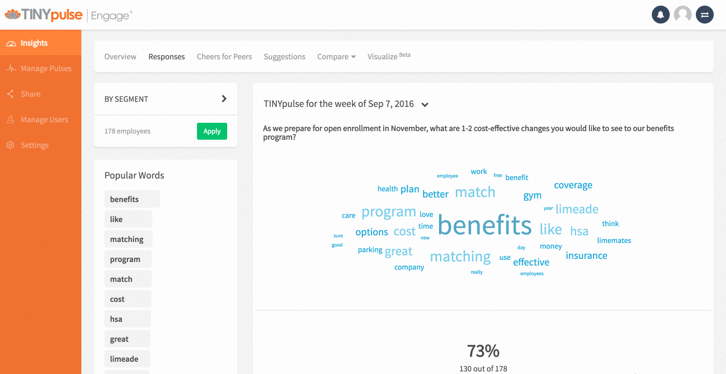 Responses page, where admins can check all previous surveys, responses, response rates and suggestions from employees.
