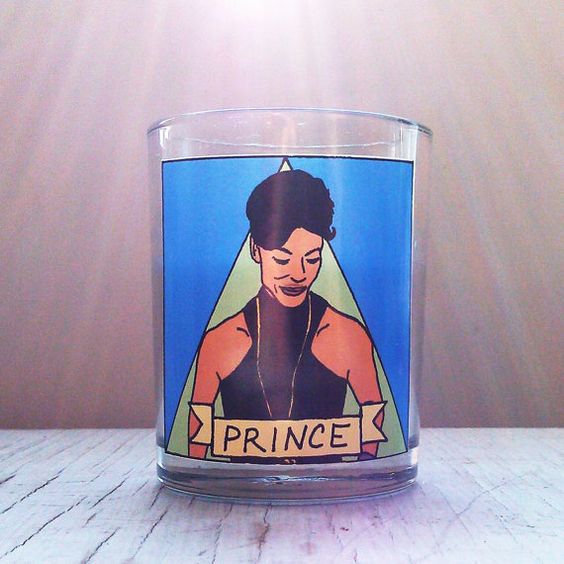 Prince Glass Votive Candle, available from  Flaming Idols at Etsy . Spot the reference to this candle in  issue 33 &nbsp;of Oh Comely.&nbsp;